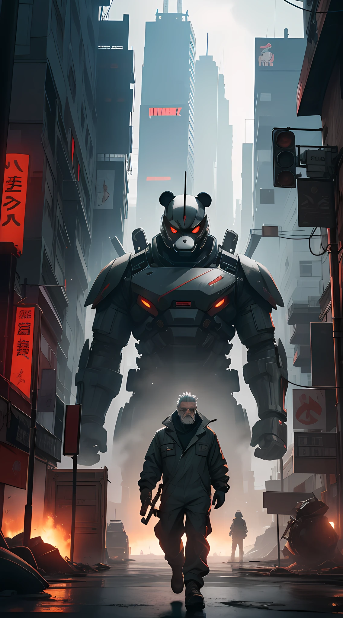 Theme: Old man transforms panda mecha, Style: Cyberpunk, Modifier: future, Reference: "Blade Runner"

Description: A gray-haired old man wearing an oil-stained overalls and holding an electric drill is transforming a giant panda-shaped mecha in a workshop full of various parts and wiring. The mech's body has various metal and plastic splices, its eyes are two red glowing cameras, and a row of sharp steel teeth are exposed in its mouth. Behind the old man was an open window, through which you could see a gray cityscape, with tall buildings, various spaceships and billboards flying in the air, and smog covering the sky.