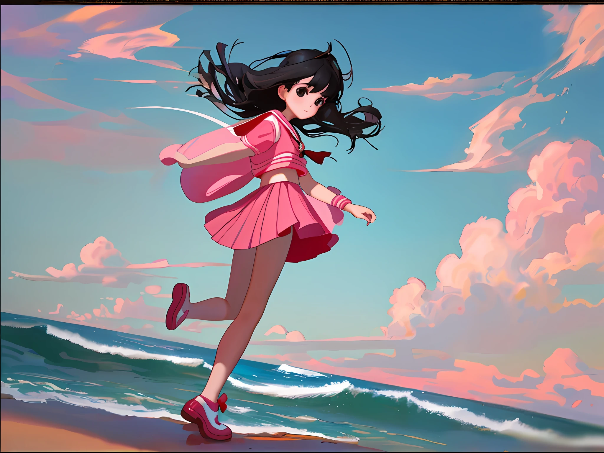 Masterpiece, high quality, a girl with black hair and black eyes, oil painting, Q version, pink sailor suit, by the sea