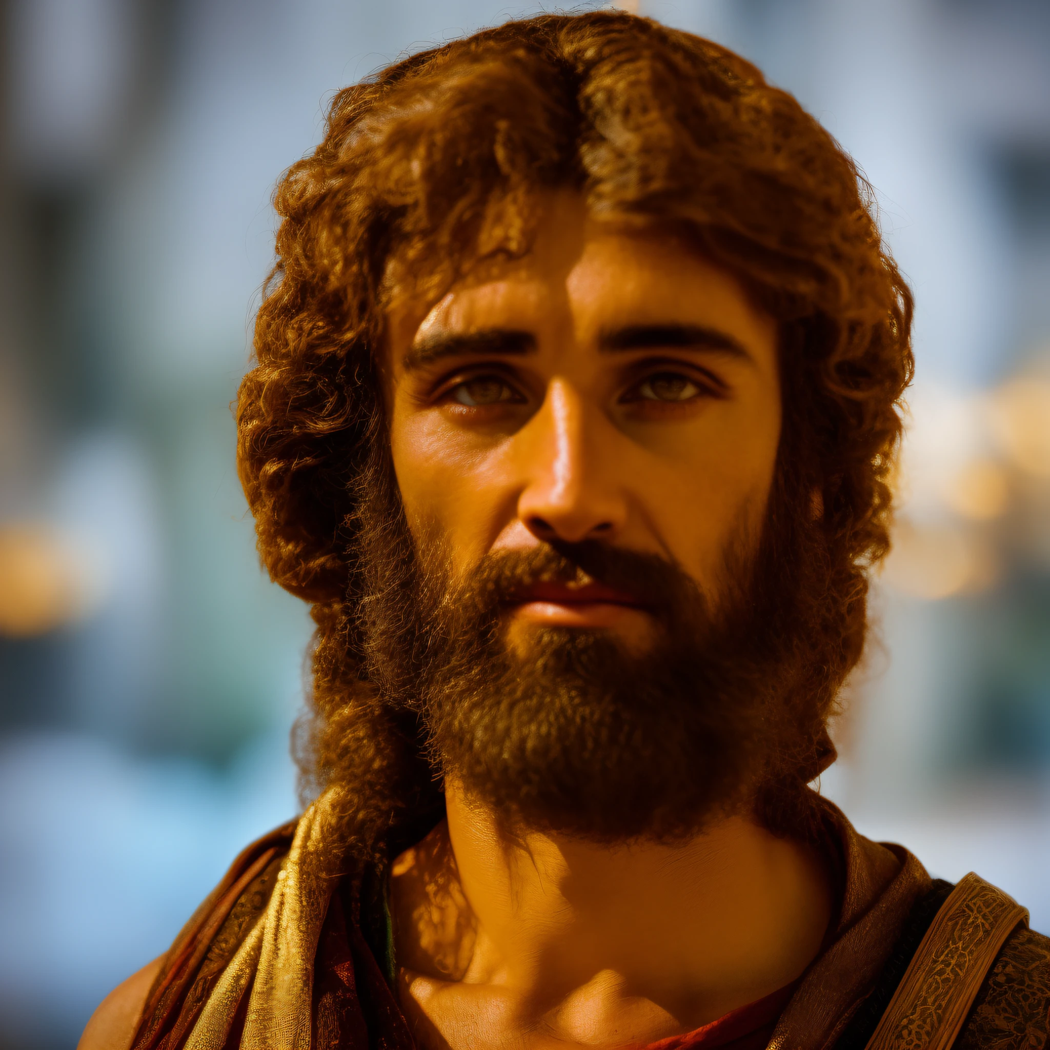 portrait of ancient jesus, man, short hair, 30 years, black eyes, cinematic lighting, depth of field, bokeh, realism, photorealistic, hyperrealism, professional photography, uhd, dslr, hdr