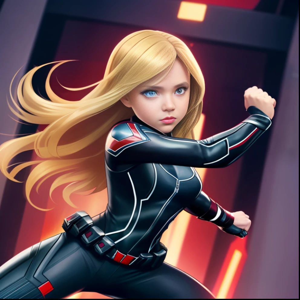 A girl, , American, black widow, tight, long blonde hair, fighting stance, cute, action scene, extreme detail, real, perfect legs, perfect fingers, --auto --s2