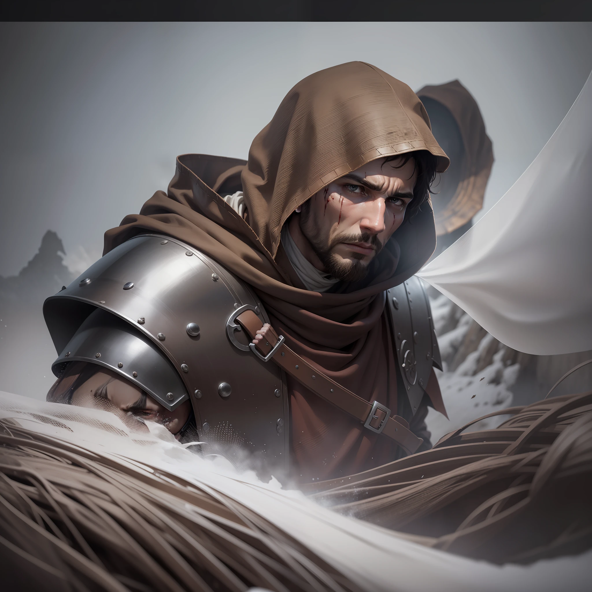 Ultra realistic image of a man with short, brown hair, wounded, face wounded, dressed in medieval armor, a monk's hood on his head, walking on a sinister and cold night, expression of hunger, wind, dark, frigid night, grim photograph