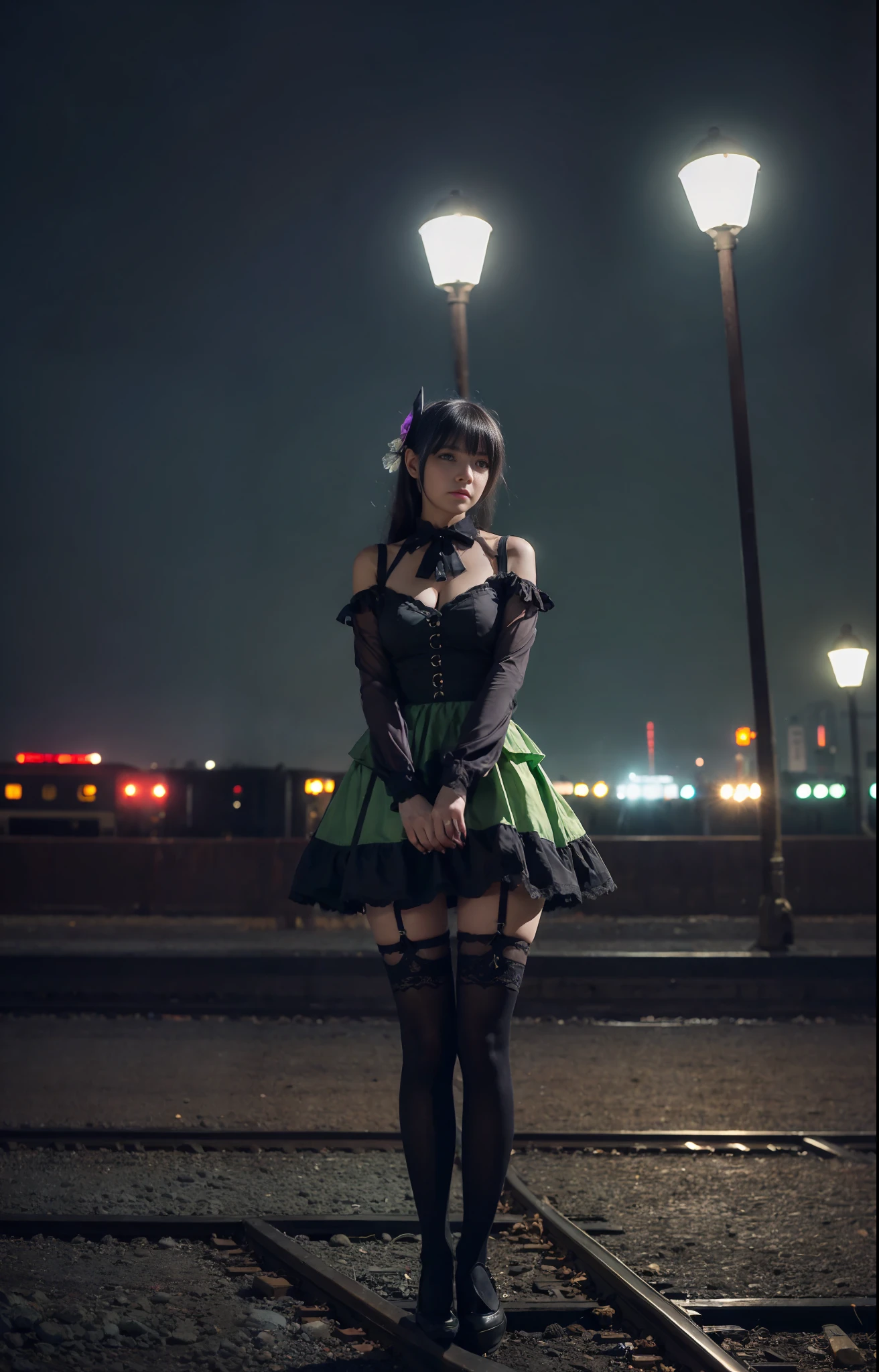 ((artistic photography)) Short dress,dark bright bright green ta lace stockings,abandoned city and next to a train in a setting of ((night photography))
