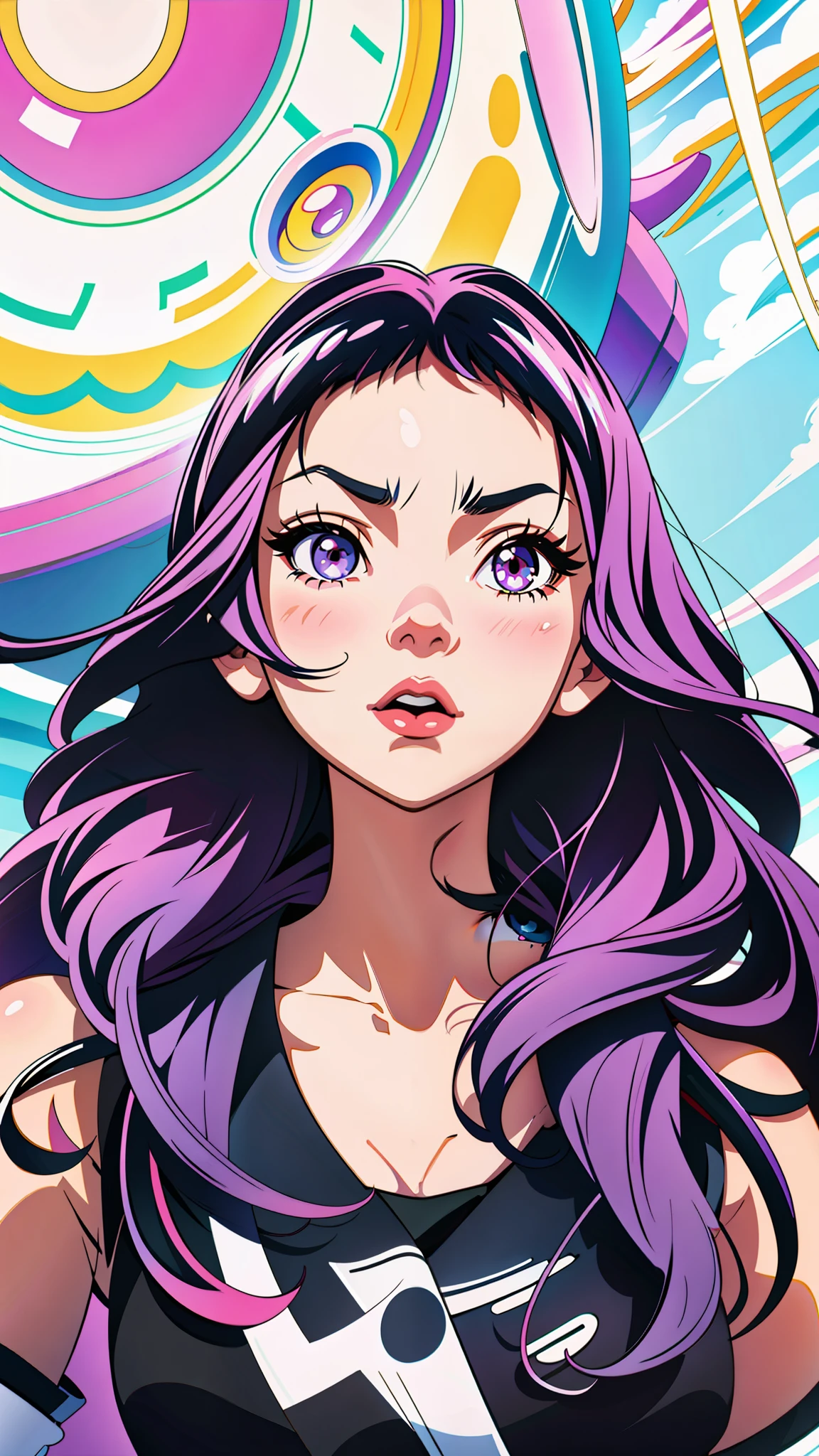 Anime girl with purple hair and a black top, digital anime illustration, detailed digital anime art, Ilya Kuvshinov with long hair, anime style portrait, detailed portrait of anime girl, ilya kuvshinov style, cute anime art style, art style: ilya kuvshinov, digital anime art, anime art style