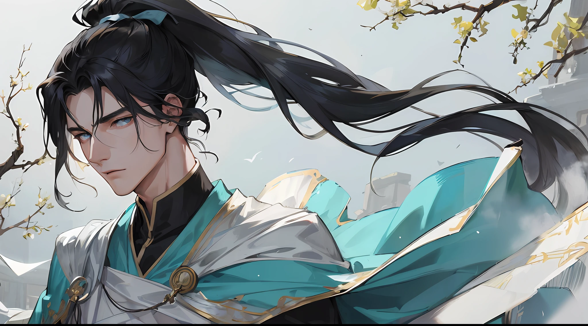 Masterpiece, Superb quality, chinoiserie, ancient man, black hair, gray-blue eyes, long split ends, long bangs + high ponytail, both handsome and masculine, quiet and gentle, tall, cyan robe, outdoor scene, with cape, embellishment of branches, breeze blowing, young man, steady expression, solo, solo