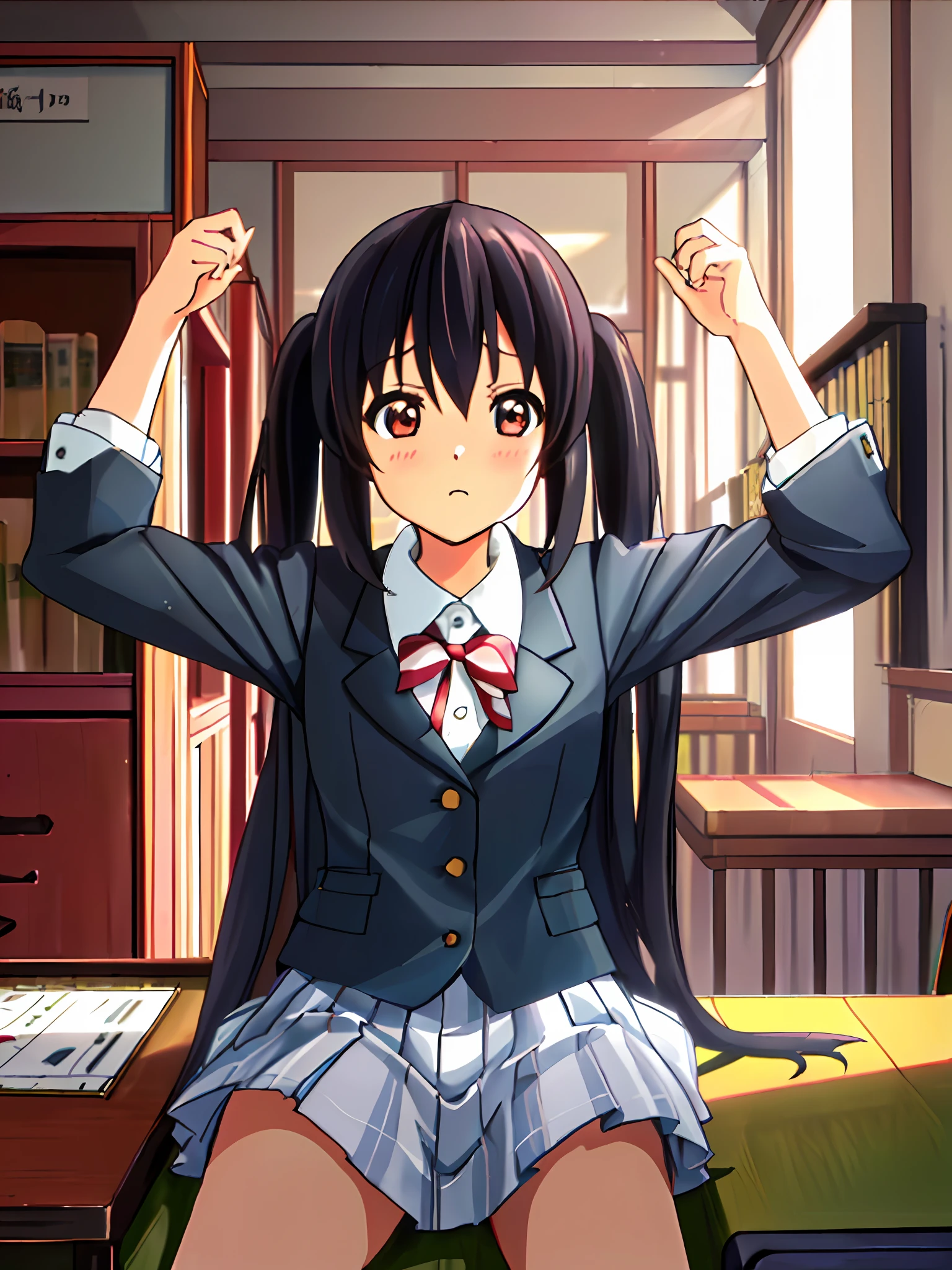 1girl, ((((Masterpiece))), Best Quality, Best Quality, High Detail, Azusa Nakano, 1girl, Sakuragaoka High School Uniform, Musical Instrument, School Uniform, Twin Tails, Long Hair, Black Hair, Brown Eyes, Solo, Red, Dark blue blazer with a thin ribbon of red, Solid white button shirt under blazer, Illustration, Cartoon, Soothing tones, Muted colors, Soft cinematic light, Adobe Lightroom, Photo Lab, HDR, complex and highly detailed, (((depth of field))))). (((Masterpiece))). (((highest quality))).) ((super detail))). (((Illustration))). (((Room))). (((fighting stance))).,dynamic focus.small breasts. (((Face of sadness))).Spread your arms.Stretch your chest.Sit down.Close your mouth.
