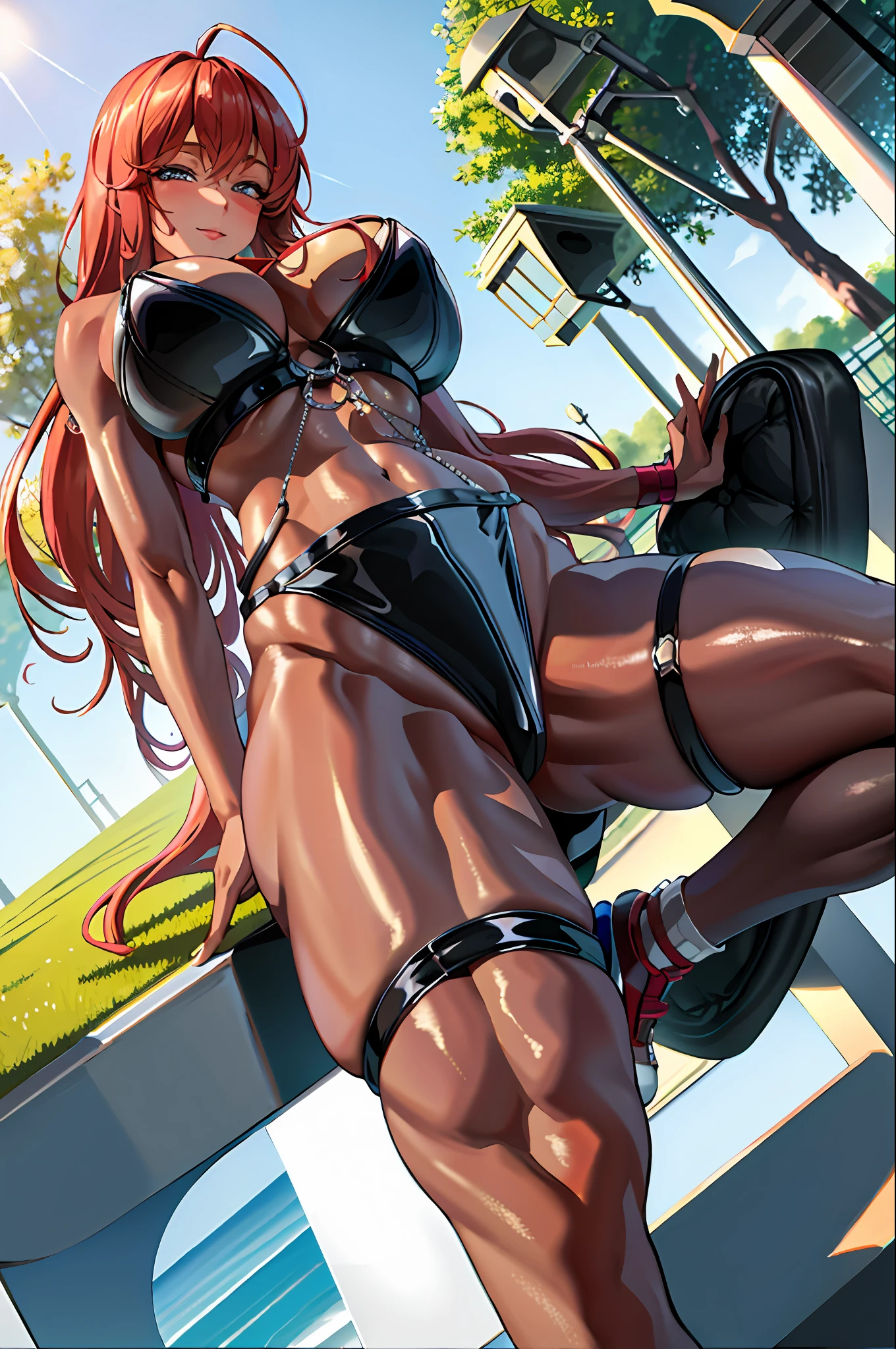 ((masterpiece)), (best quality), (detailed),(hires), (shining face, shining body), 1girl, volume_nikke, volumefx, ripped bodystocking,wide angle, large breasts, lamppost,