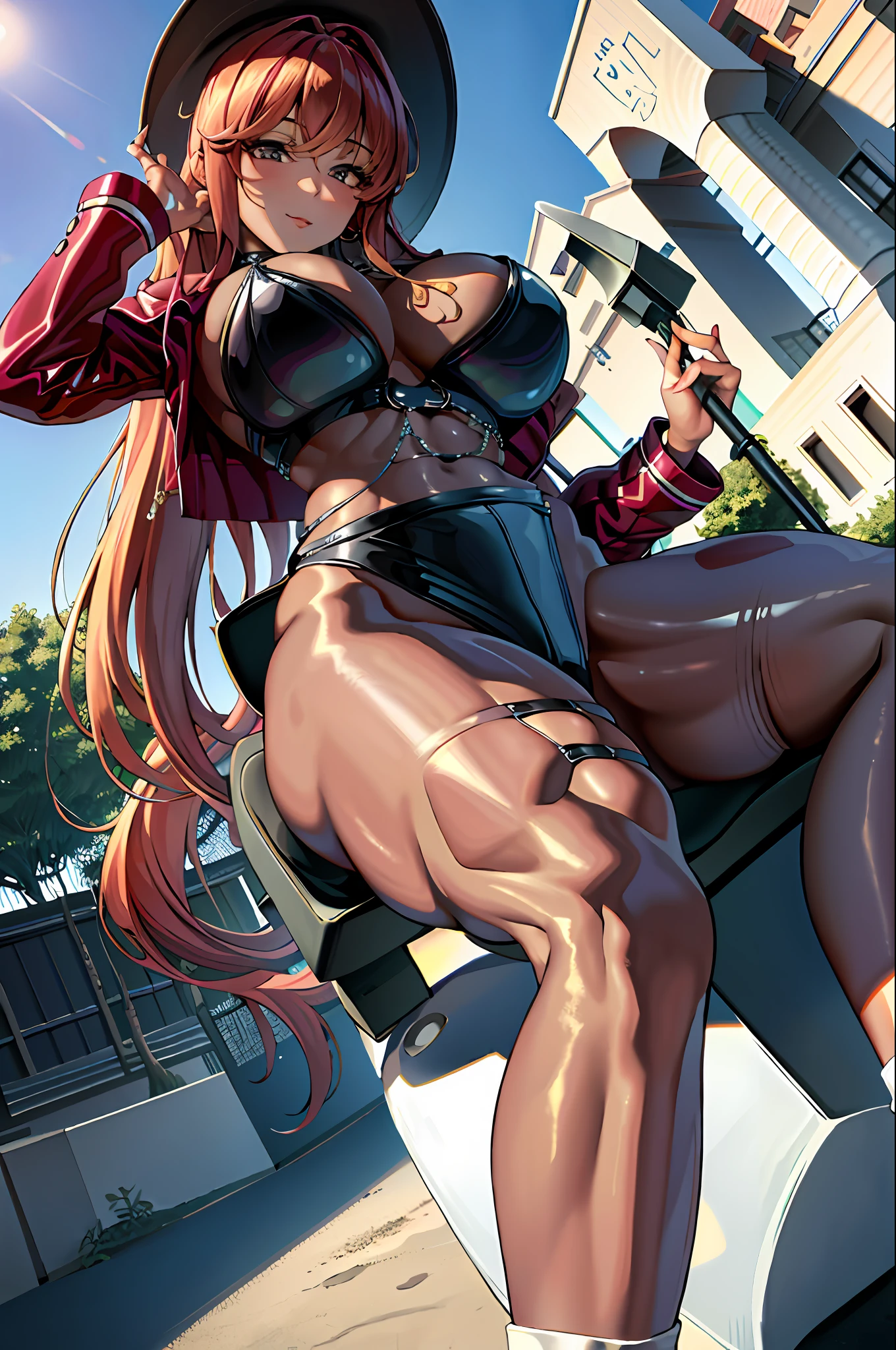 ((masterpiece)), (best quality), (detailed),(hires), (shining face, shining body), 1girl, volume_nikke, volumefx, ripped bodystocking,wide angle, large breasts, lamppost,