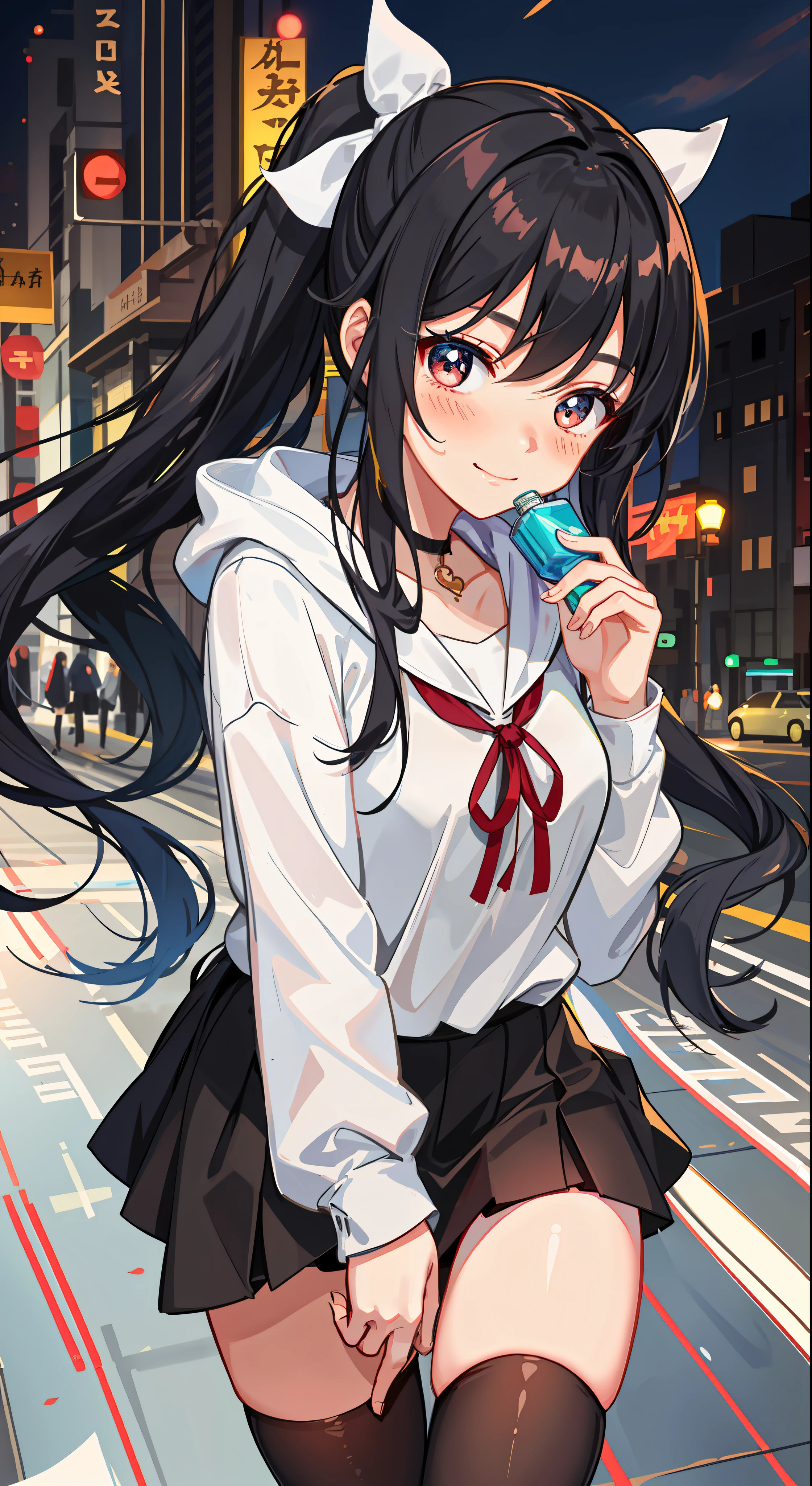 blushing, girl, fine eyes, looking at you, floating hair, delicate facial features, high quality, high resolution, high detail, student, cute, long hair, double ponytail, smile, watery eyes, squinting, hooded sweatshirt, miniskirt, black silk, over-the-knee socks, ribbon hair accessories, necklace, detail background, bust shot, lively Spring Festival, dull hair, flowing hair, black hair, fireworks, white stockings, leg hugging