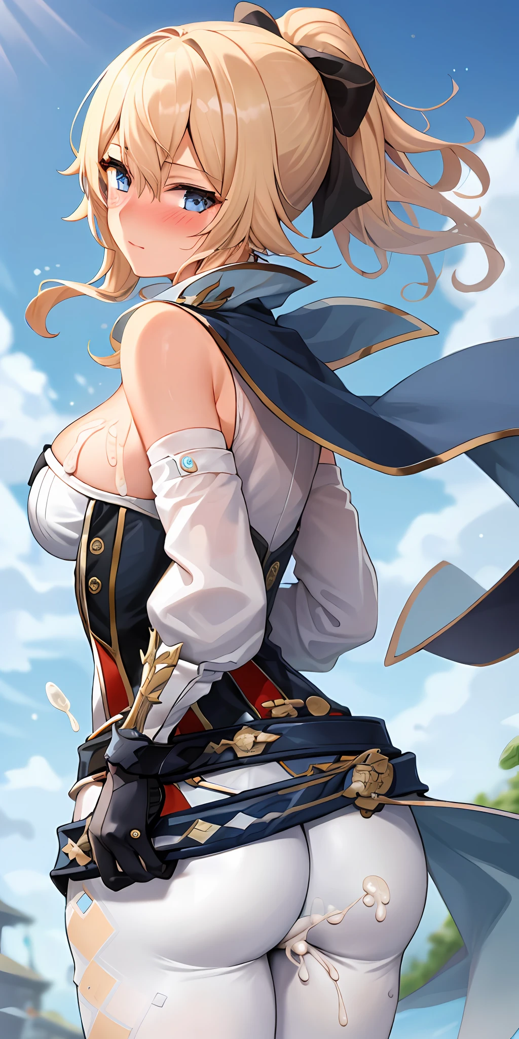 1girl, solo, jeanrnd, busty, (low angle), butt, thighs, (blushing:1.1), (cum on butt:1.4)