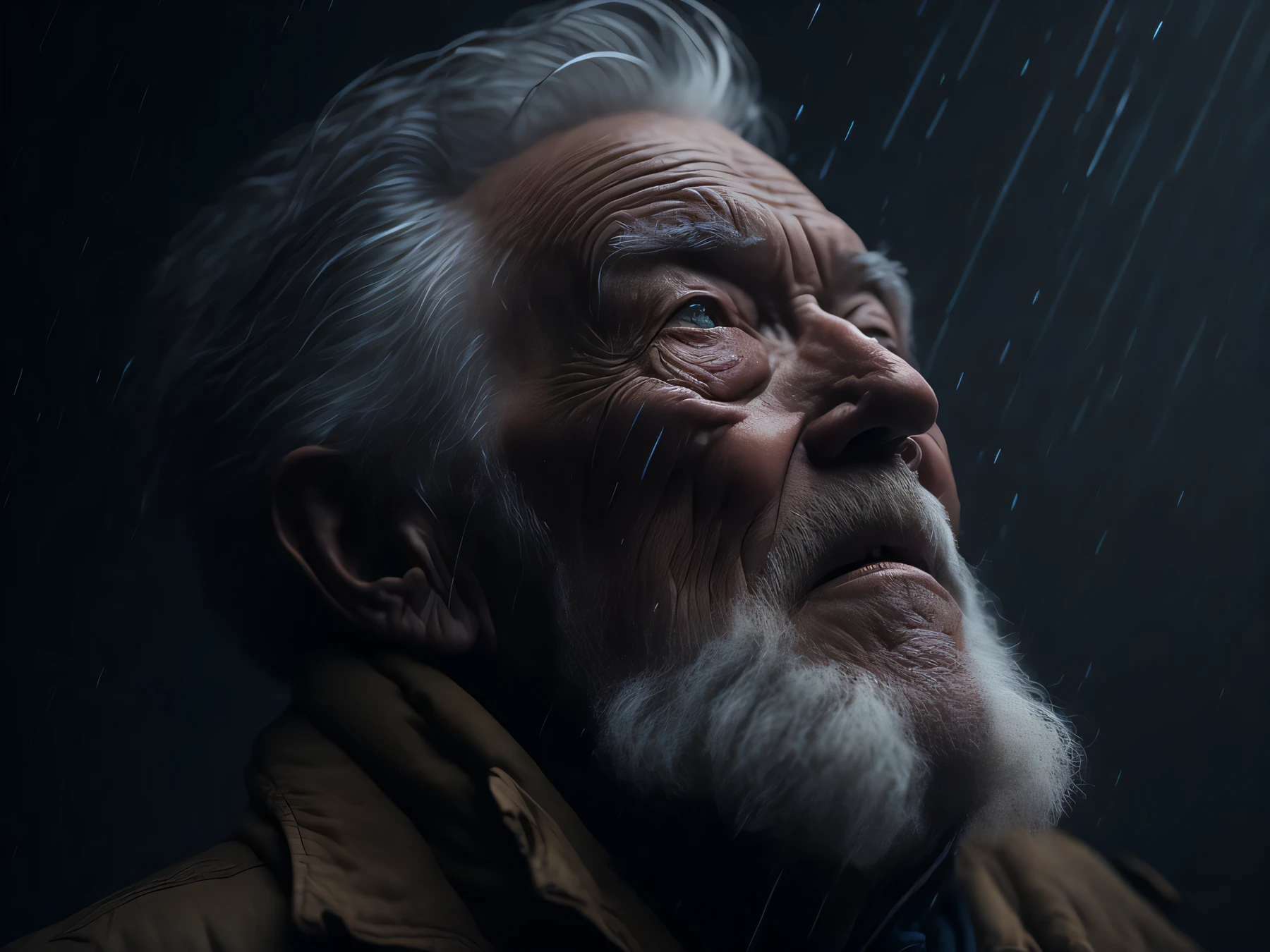 Realistic award winning photo of an old man (looking up at the sky:1.3), expression conveying a sense of satisfaction and victory, heavy rain falling on his face, hyper detailed