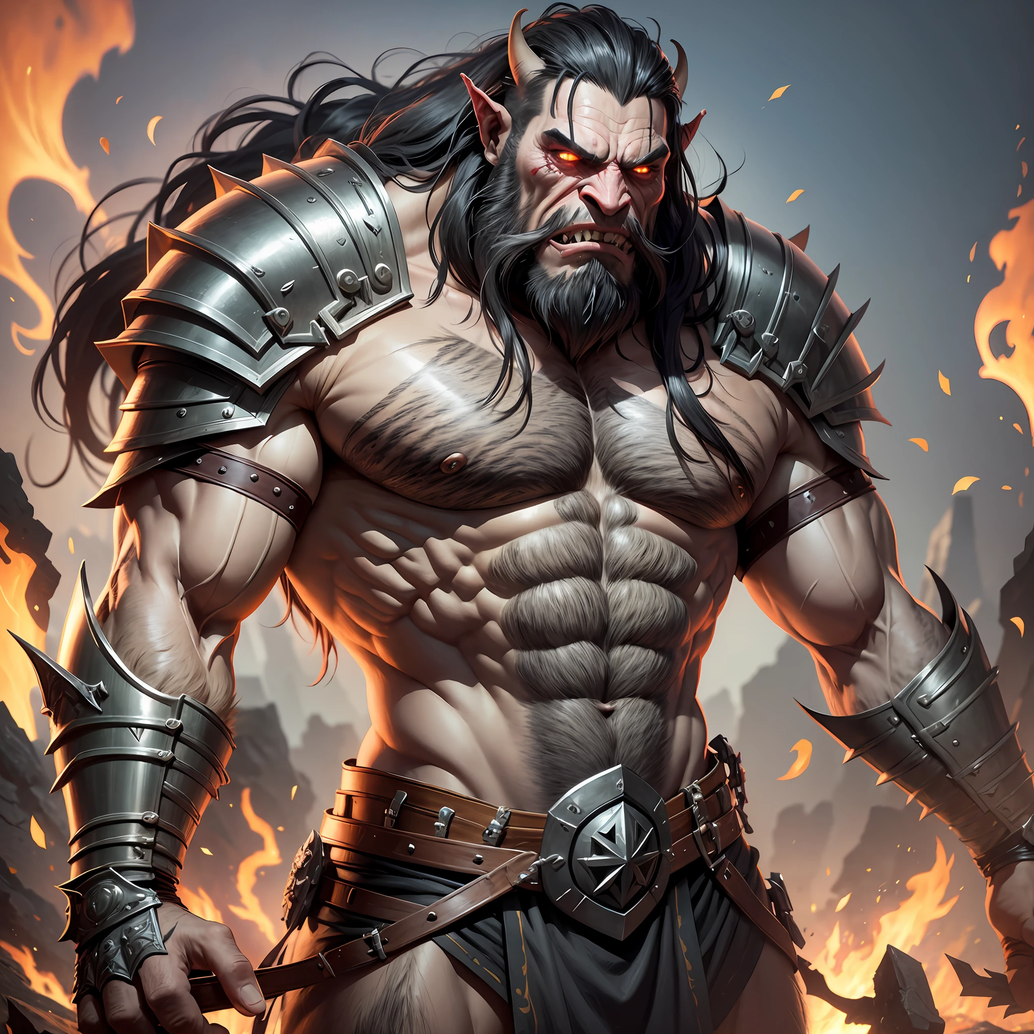 male orc, long hair, beard, his lower fangs protruding from his mouth, muscular, wearing animal leather clothing, iron armor adorned with animal bones, 8k, ultra realistic