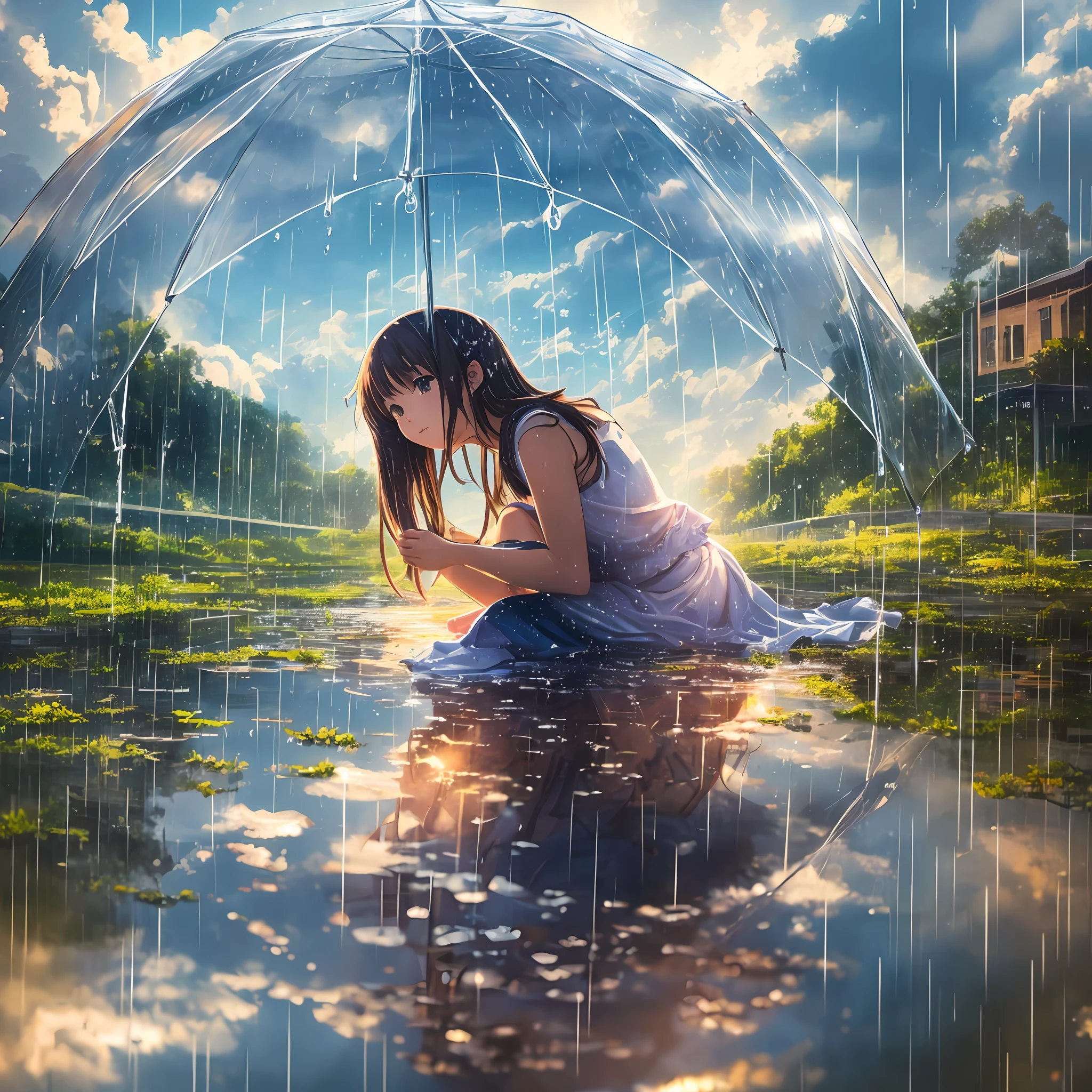 Masterpiece highest quality, single girl, clouds and rain, daytime, low depth field effect, anime, puddle, sunny seen --auto --s2