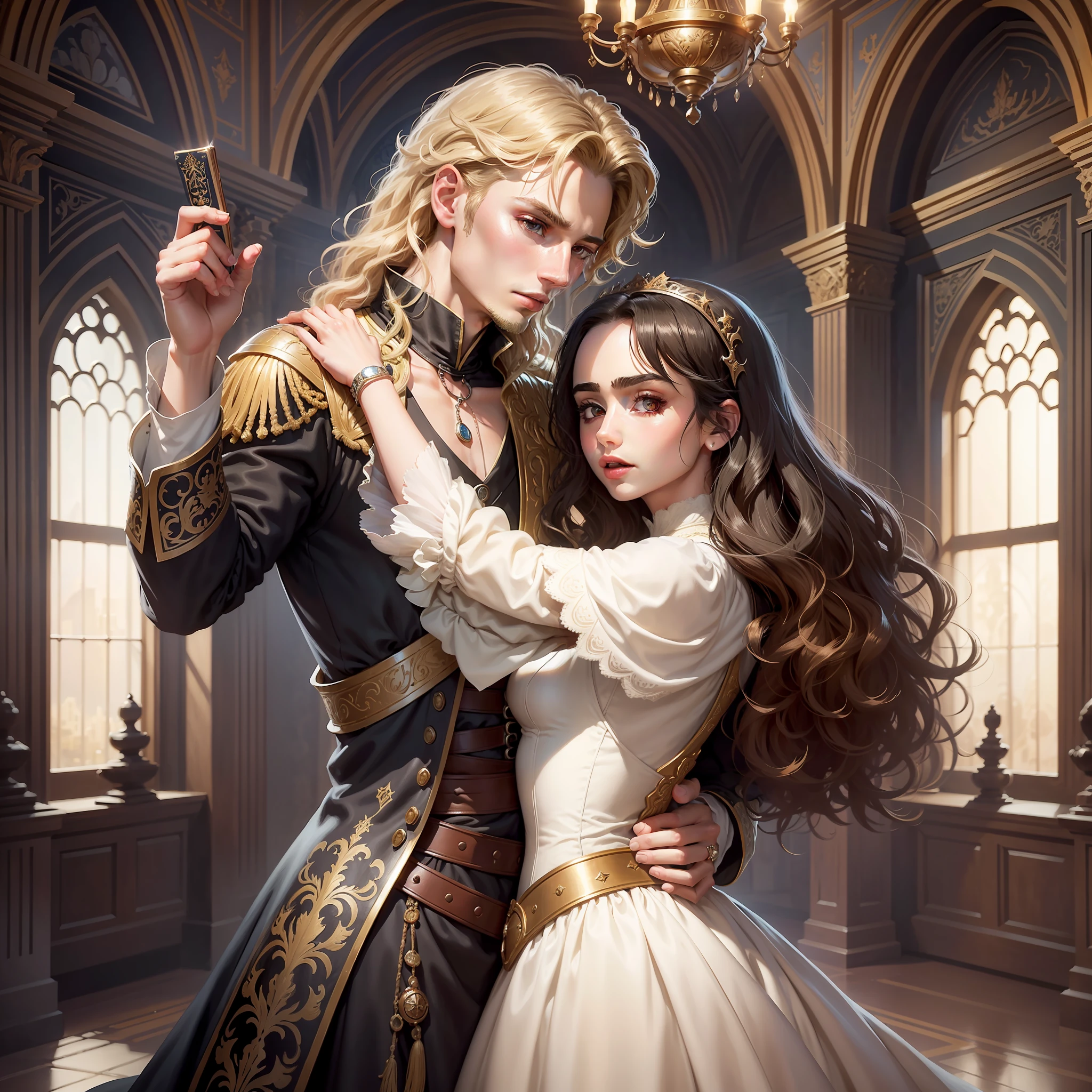 Lily Collins, who has curly black hair, wears a medieval dress. the Neels Visser wears a medieval military outfit and has blonde hair. The couple is waltzing in the ballroom. The illustration is like a book cover with a detailed, bright, illuminated, ultra detailed background, concept art, elegant, art by Greg Hildebrandt, Samyang