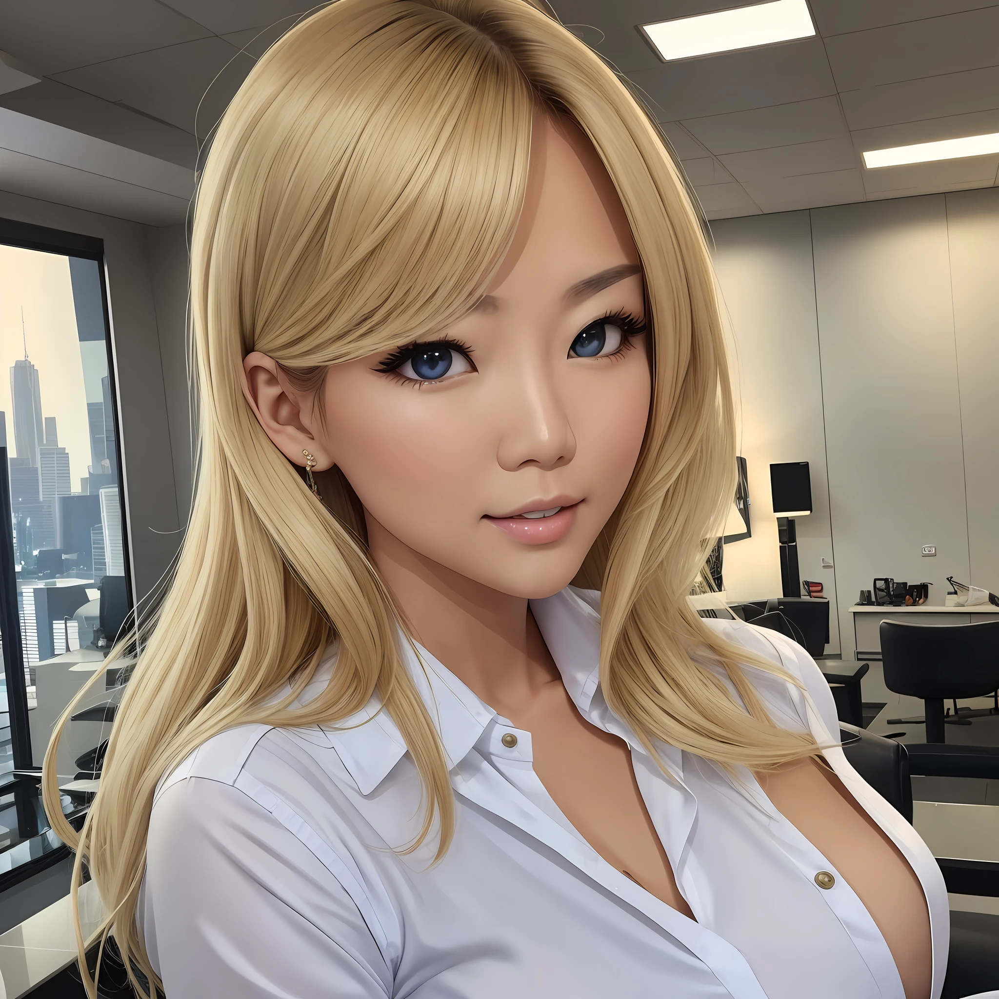 News studio, , female main anchor around 30 with intelligent atmosphere and sexiness, cut from the front, Asian, bright blonde hair, white shirt, sexy chest --auto --s2