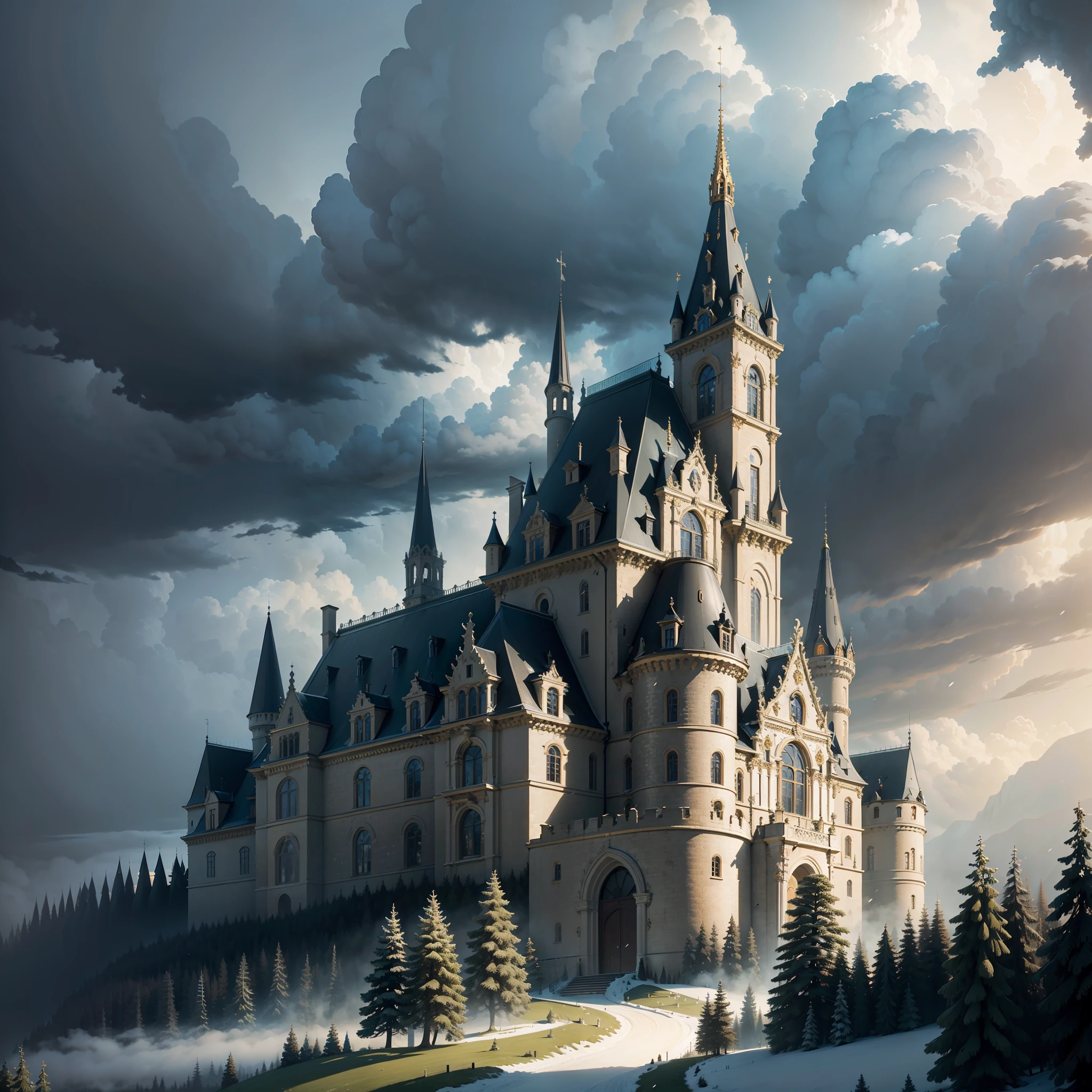 Masterpiece, Maximum detail, Maximum clarity, Baroque, Rational proportions, Logical proportionality, Maximum detail of small things, Baroque castle on a hill, Daytime, Thick black clouds, Dense spruce forest, Fog, No people, High particle smoothing, Seasoned style, Winter.