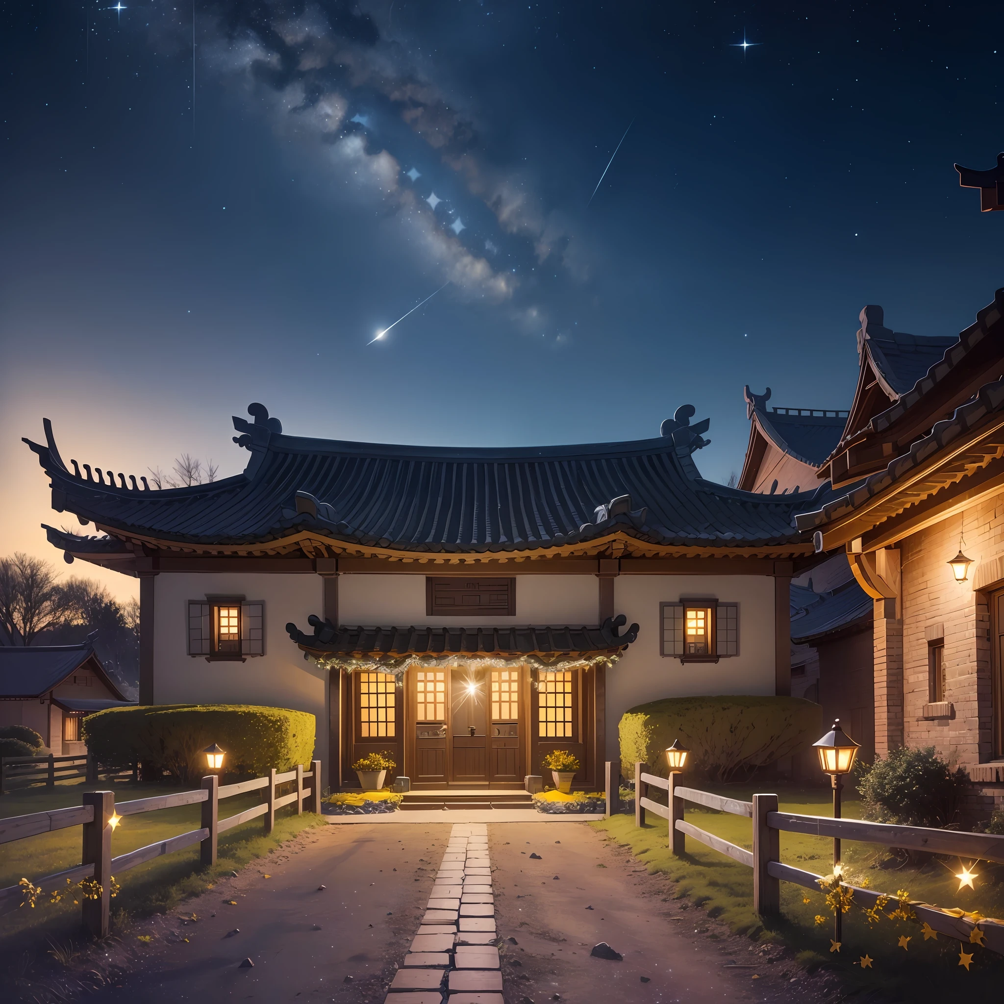 Super high resolution, realistic, realistic, surreal, night sky, stars, breeze, yellow brick house, garland, candlelight, beautiful countryside of China, countryside, locust tree, lights, smile, calm, gentle --auto --s2