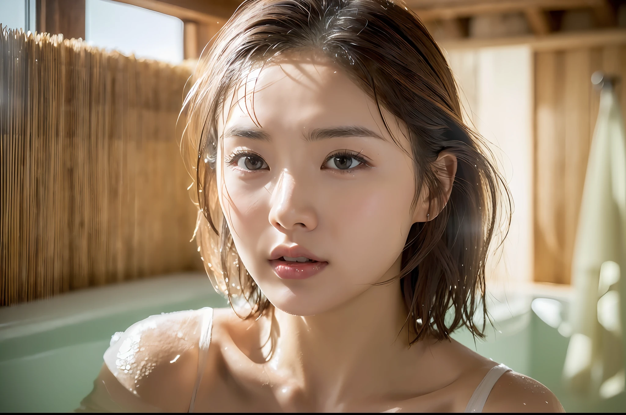 ((top quality, 8k, masterpiece: 1.3)), women (wearing white bikinis, inside_sauna: 1.3), in the sauna room, sweating, water droplets on the forehead of the face, warm room with redness, overhead camera, sharp focus: 1.2, cute women: 1.4, (((layered haircut)), (white shirt), very detailed face and skin and hair texture, Wet textured hair, wet body, detailed eyes, double eyelids, white skin, beautiful legs, beautiful delicate nose, brown hair, cute young Japan woman, 28 years old, with a bath towel wrapped around the body, at a dynamic angle, pleasant to the eyes, while emphasizing the subject's hair, eyes, mouth and action, while exuding melancholy emotions, characterized by a contrasting mix of calm tones and light and shadow, It is a thought-provoking composition.