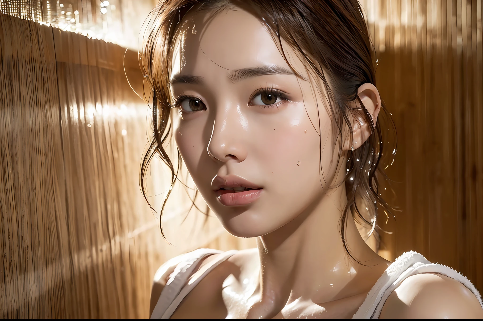 ((top quality, 8k, masterpiece: 1.3)), women (wearing white bikinis, inside_sauna: 1.3), in the sauna room, sweating, water droplets on the forehead of the face, warm room with redness, overhead camera, sharp focus: 1.2, cute women: 1.4, (((layered haircut)), (white shirt), very detailed face and skin and hair texture, Wet textured hair, wet body, detailed eyes, double eyelids, white skin, beautiful legs, beautiful delicate nose, brown hair, cute young Japan woman, 28 years old, with a bath towel wrapped around the body, at a dynamic angle, pleasant to the eyes, while emphasizing the subject's hair, eyes, mouth and action, while exuding melancholy emotions, characterized by a contrasting mix of calm tones and light and shadow, It is a thought-provoking composition.
