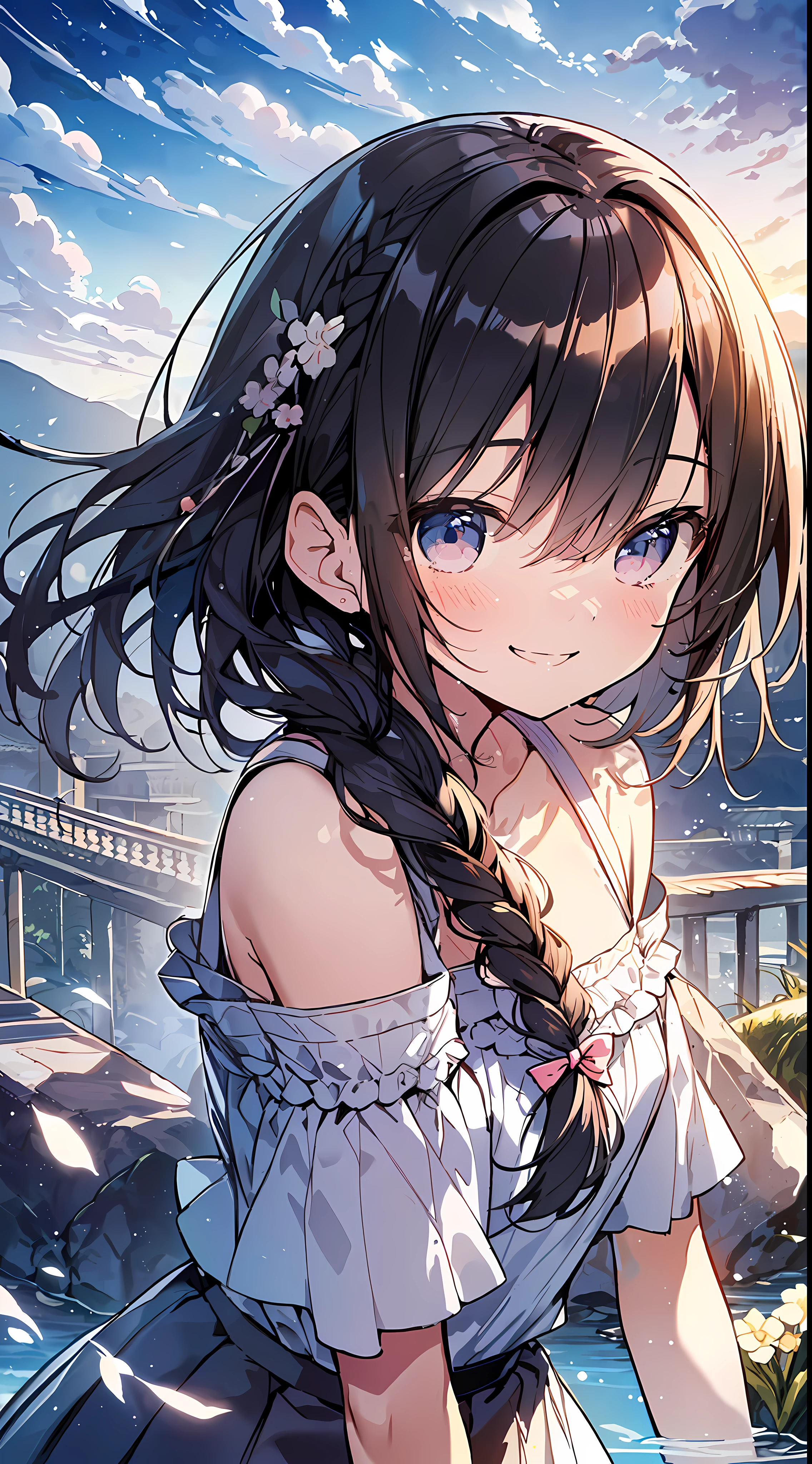 Top Quality, Masterpiece, Ultra High Definition, 8K, Summer Sky, Early Summer, ((Short Sleeve Cutter Shirt, Pleated Skirt), Shojo Manga Style , One, Soft Line Art, Digital Enhancement, Shojo Manga Touch, Shojo Manga Core, Flowing Fabric, Close Up, (Shoulder Length and Short Braid)), Wet Hair, Staring at us from the front, Soft Drawing, Beautiful Black Hair, Clear eyes, (((teasing smile)), ultra-detailed digital anime art, clear face depiction, ultra-detailed shojo manga character art, ultra-detailed manga style, top quality colors, hand gestures, landscape with nature, looking up at the sky, sd character