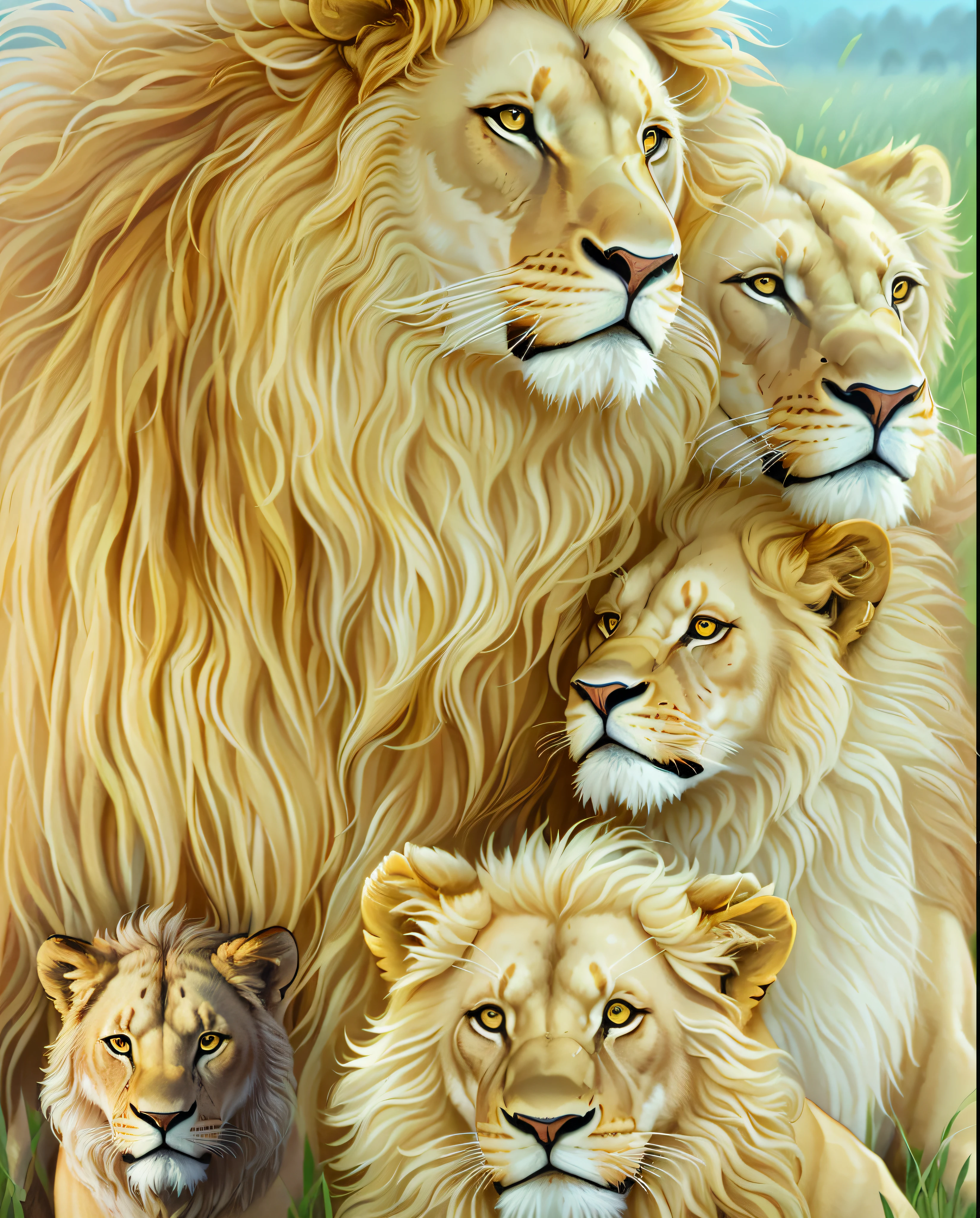 painting of a family of lions in a field of grass, detailed beautiful animals, lions, animal painting, 2 d full body lion, realistic illustration, majesty, ultra realistic illustration, lion's mane, by Richard Mayhew, lion, amazing art, king of the jungle, by Li Kan, digital art animal photo, extremely realistic, mane, by Min Zhen