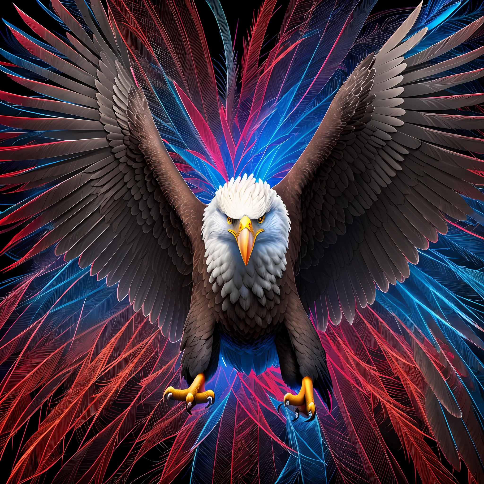 angry eagle l flying with open wings and open beak, with feathers in red, blue, white and black colors, facing the camera in 3d cartoon. hyperrealism, photorealism, beautiful award-winning photography, intricate and insanely detailed. dark background, illuminated by neon light. --auto --s2