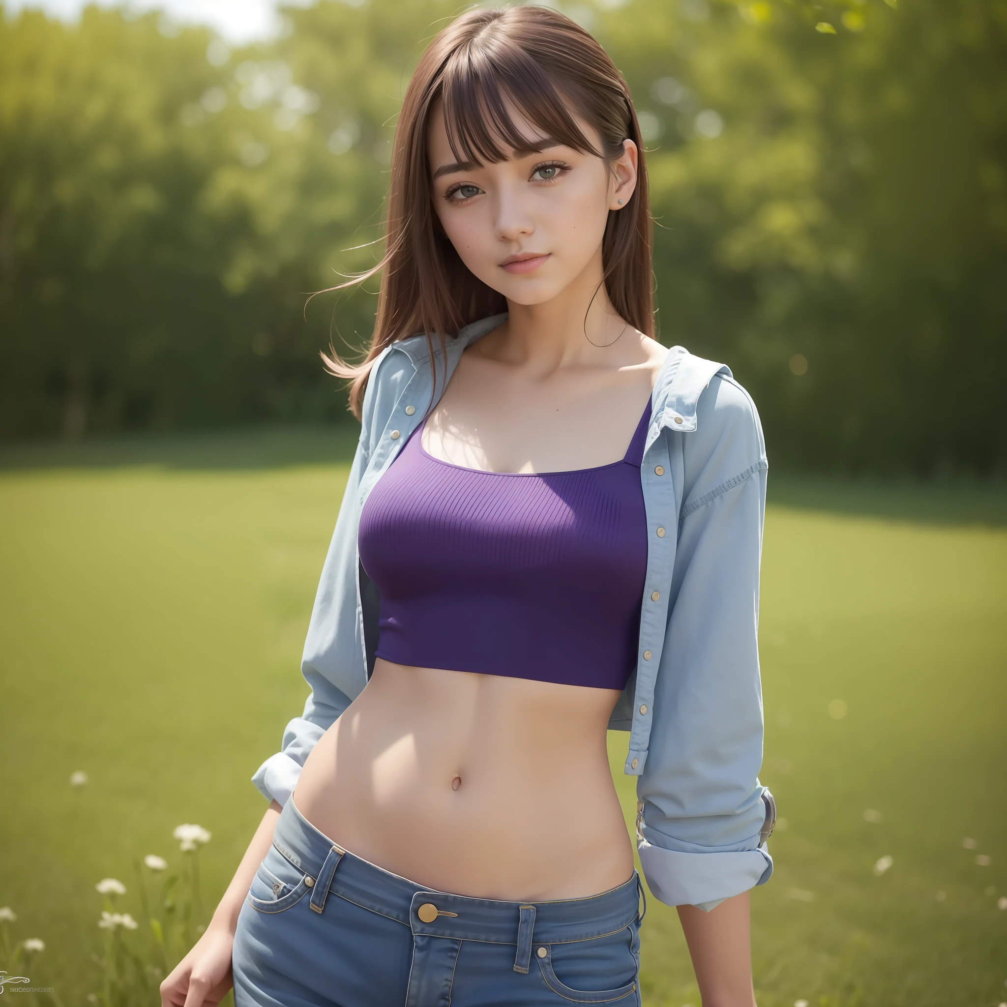 A beautiful 20 years old girl in a purple shirt and blue jeans posing in a field, photo of slim girl model, skinny waist and thick hips, photo of slim girl, good young girl, young and cute girl, casual pose, light smile, Realism, Suprematism, Impressionism, Pixar, drop shadow, silhouette, Eye-Level Shot, Ultra-Wide Angle, Sony FE GM, Sony FE, Hasselblad, UHD, masterpiece, super detail, high details, high quality, award winning, best quality