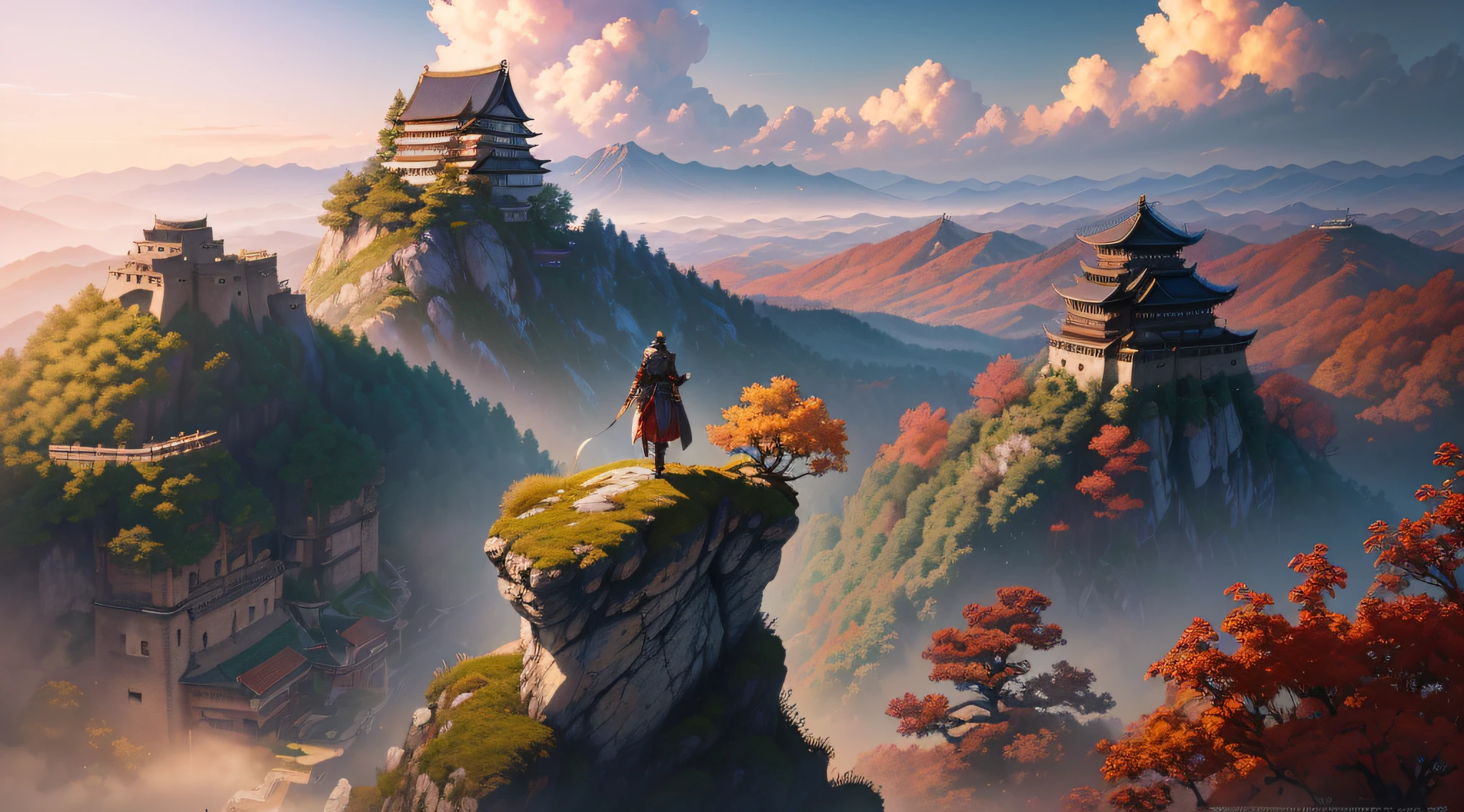Masterpiece, best quality, (very detailed CG unit 8k wallpaper) (best quality), (best illustration), (best shadows) (male), sekiro on top of a cliff, looking at Ashina castle, feudal Japan, Ray tracing, sinister environment, ultra detailed, --v6