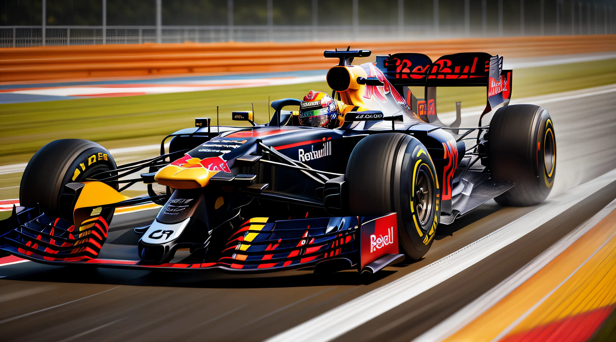 red bull f1 car running on a race track in the middle of the late afternoon rain