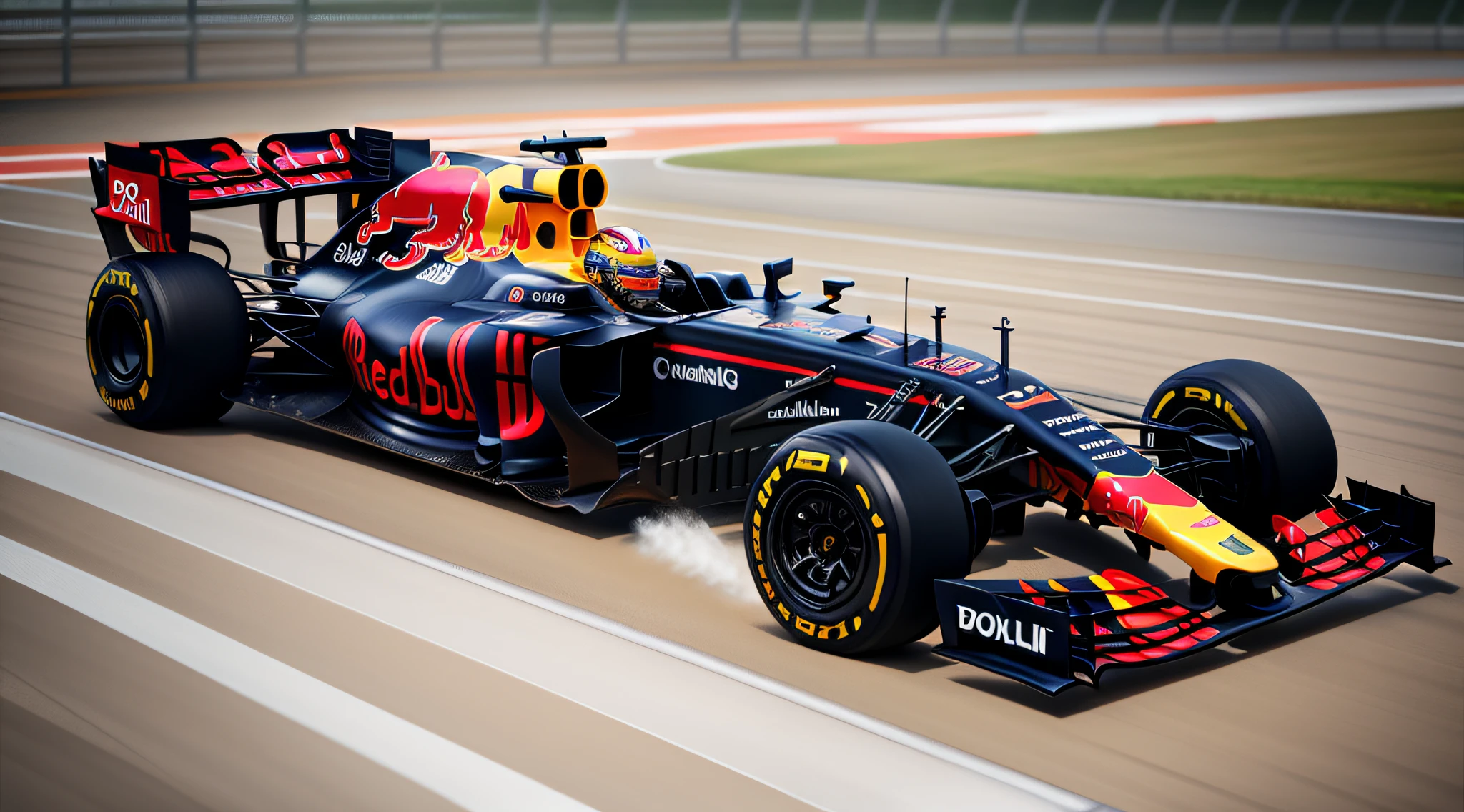 red bull f1 car running on a race track in the middle of the late afternoon rain