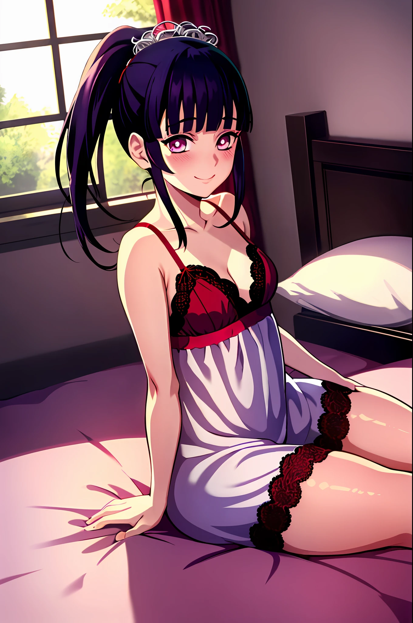 kimetsu no yaiba style, 1girl, hair ornament, red lace lingerie, solo, purple eyes, side ponytail, smile, bangs, ((masterpiece)), face at viewer, look at viewer, bed, bedroom, window, pillow, (stocking), blush, shy, sexy pose, long night dress,