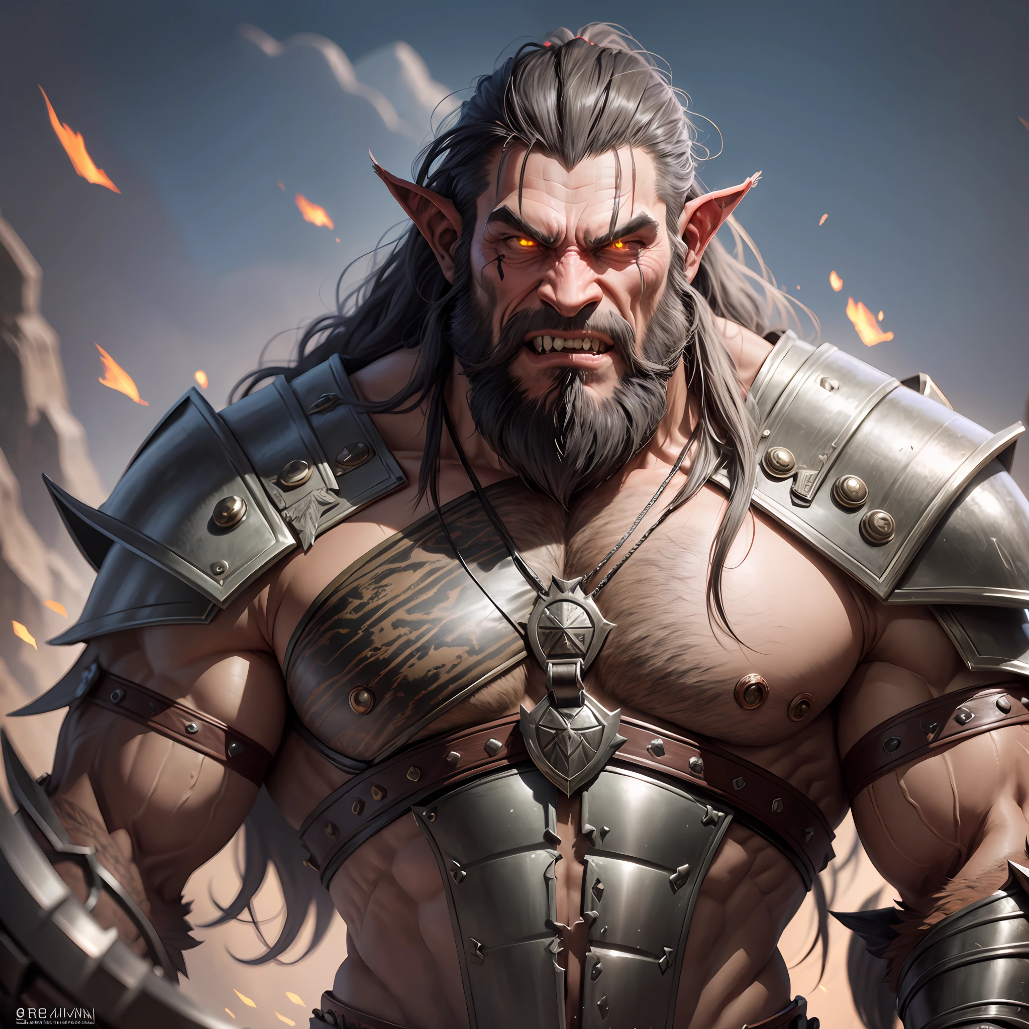 male orc, long hair, beard, his lower fangs protruding from his mouth, muscular, wearing animal leather clothing, iron armor adorned with animal bones, 8k, ultra realistic