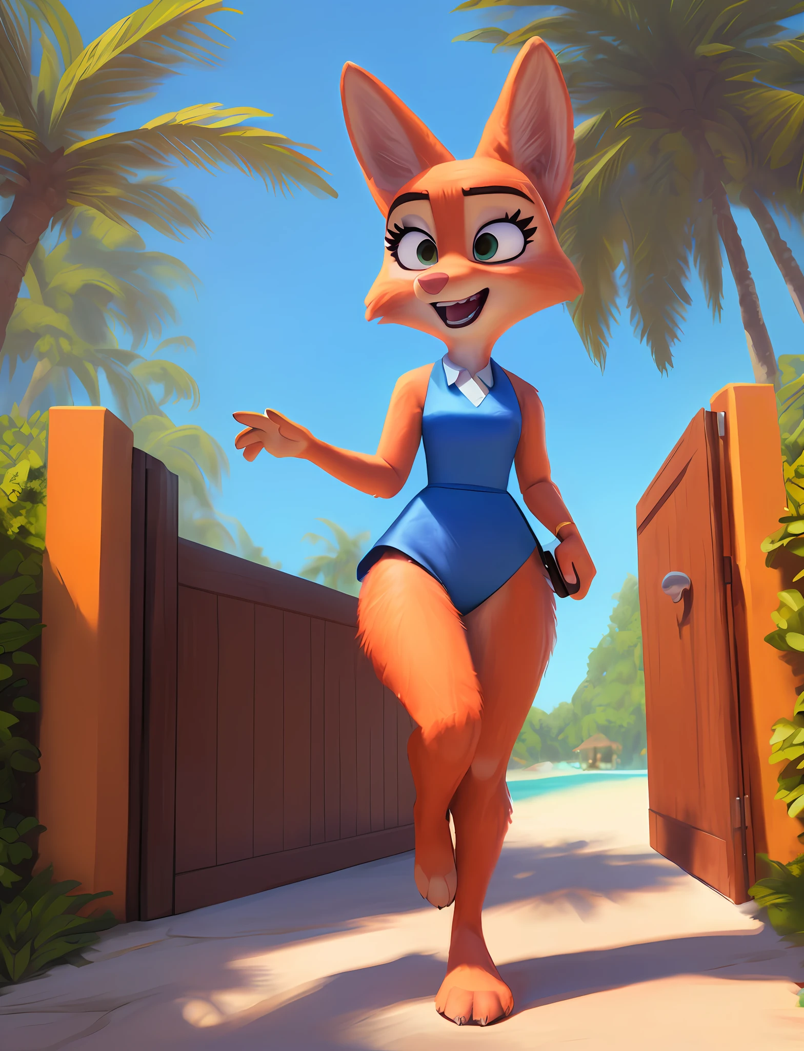 by qupostuv35:1.0), (photorealistic painting art, professional photo, 4k:1.0), female ((anthro, humanoid)), [(thin:1.1) : small petite : (Diane foxington:1.2):4], (Detailed face), (anthropomorphic legs, anthropomorphic hands:1.1), (solo), ((open mouth)), paradise, gate, ((beautiful detailed background)), diane