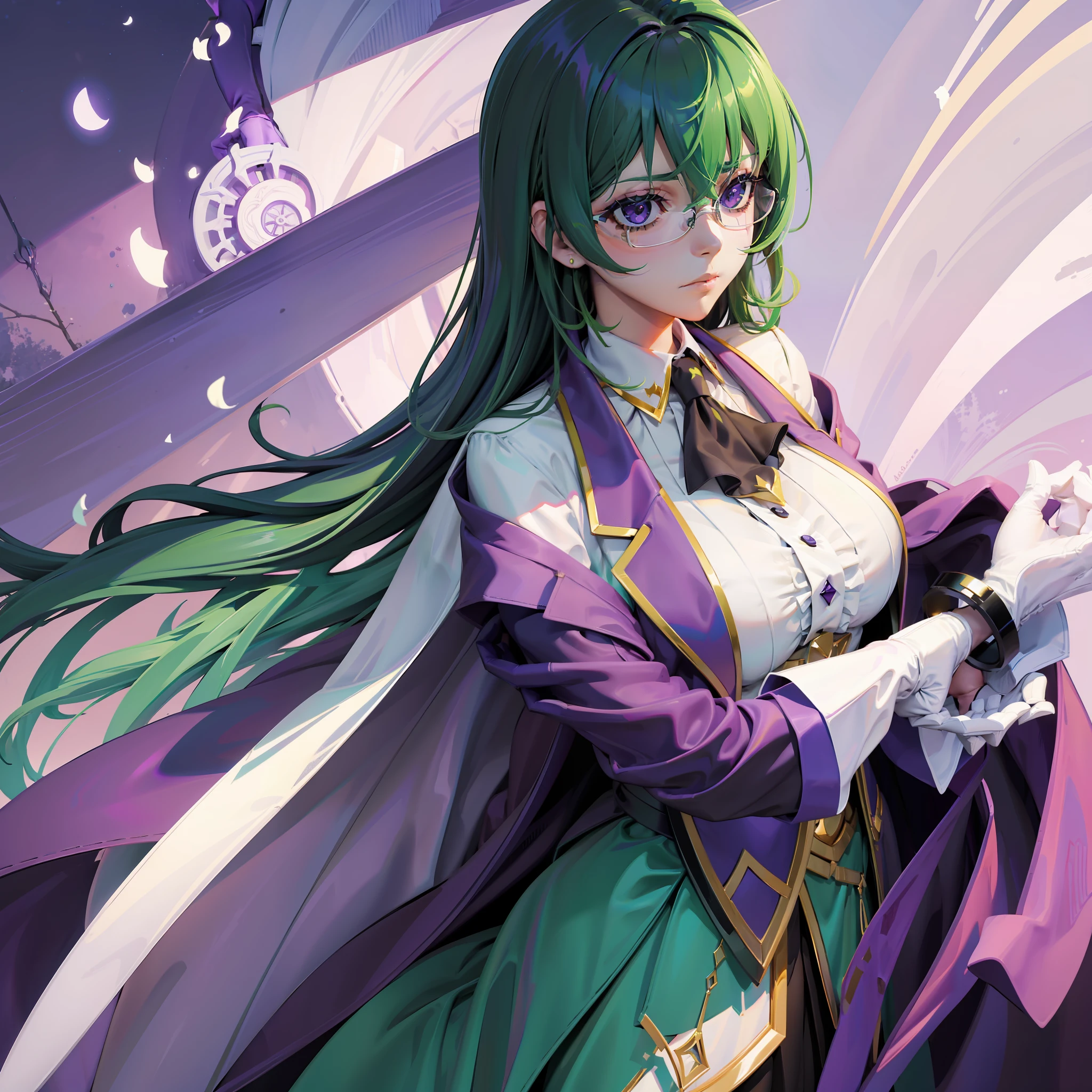 Elegant Woman,Dark Green Hair & White,Glasses, Boredom Expression,White & Purple Suit,Purple Gloves,Anime Style,Artistic, Artistic, Realistic,Detailed Shadows