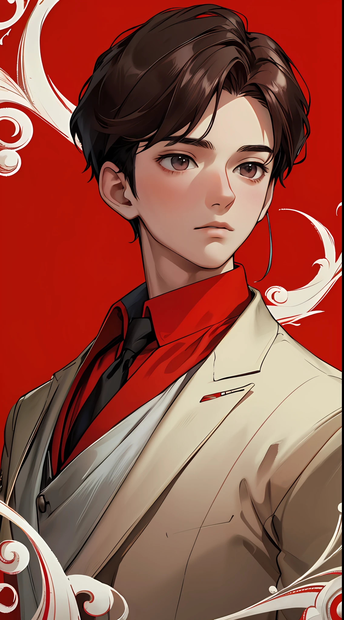 masterpiece, top quality, best quality, official art, beautiful and aesthetic, looking down) 1boy, portrait, simple background, red theme, masterpiece, best quality,