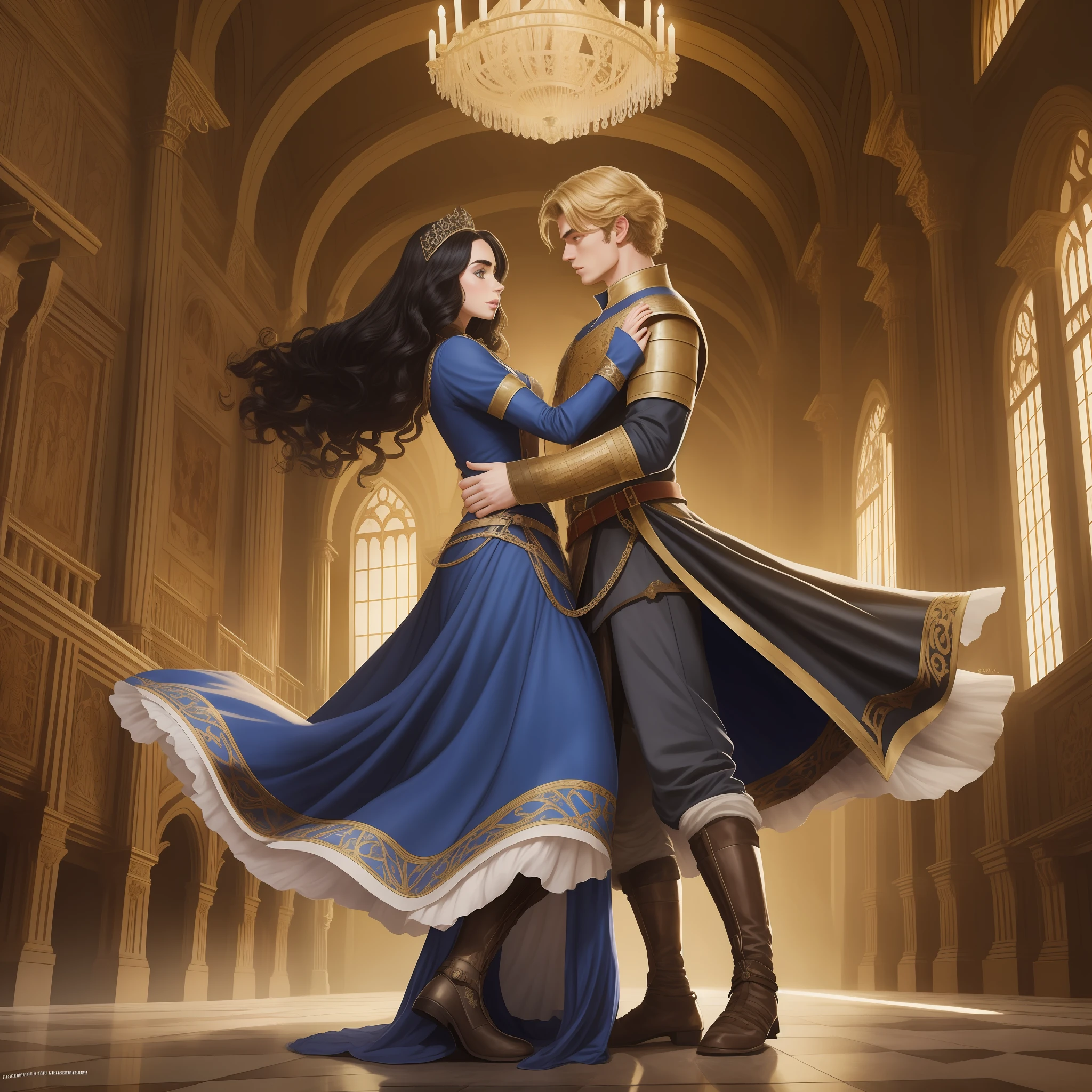 Lily Collins, who has curly black hair, wears a medieval dress. the Neels Visser wears a medieval military outfit and has blonde hair. The couple is waltzing in the ballroom. The illustration is like a book cover with a detailed, bright, illuminated, ultra detailed background, concept art, elegant, art by Greg Hildebrandt, Samyang