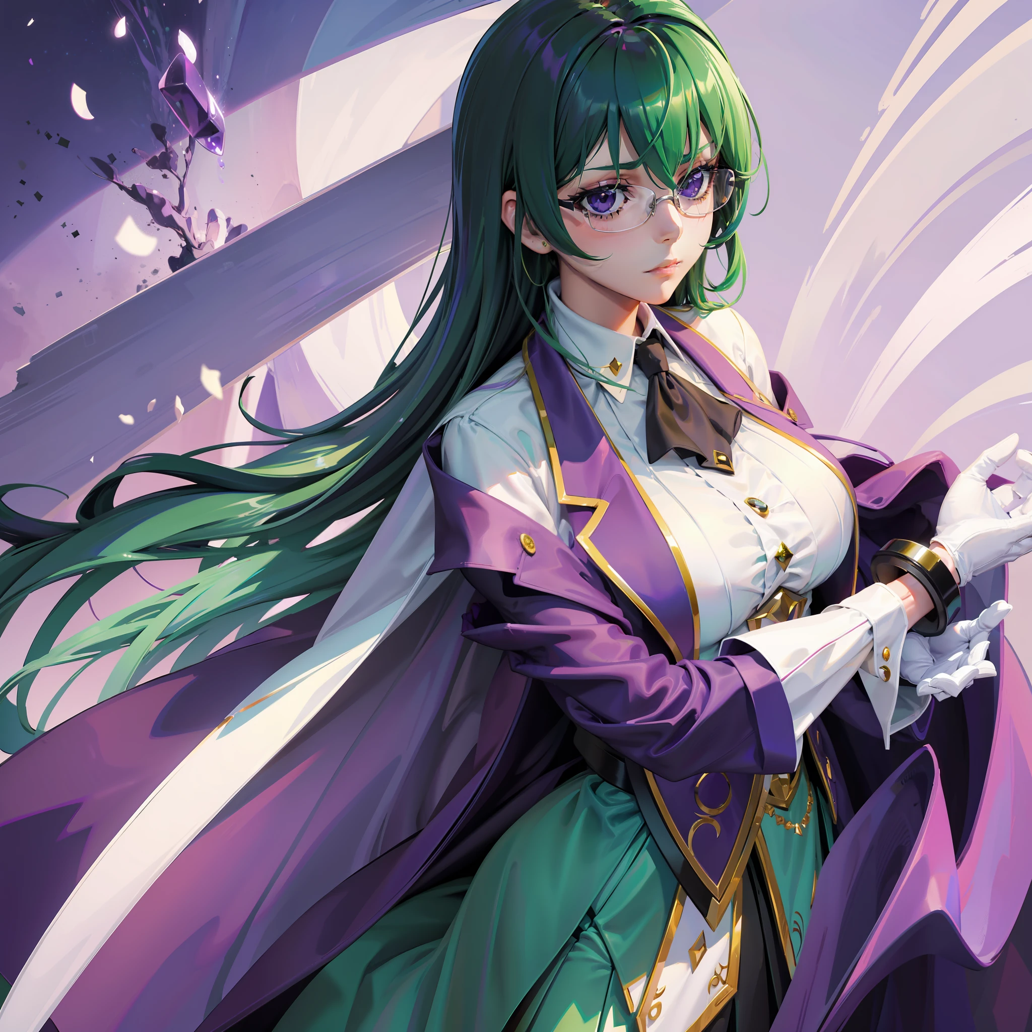 Elegant Woman,Dark Green Hair & White,Glasses, Boredom Expression,White & Purple Suit,Purple Gloves,Anime Style,Artistic, Artistic, Realistic,Detailed Shadows