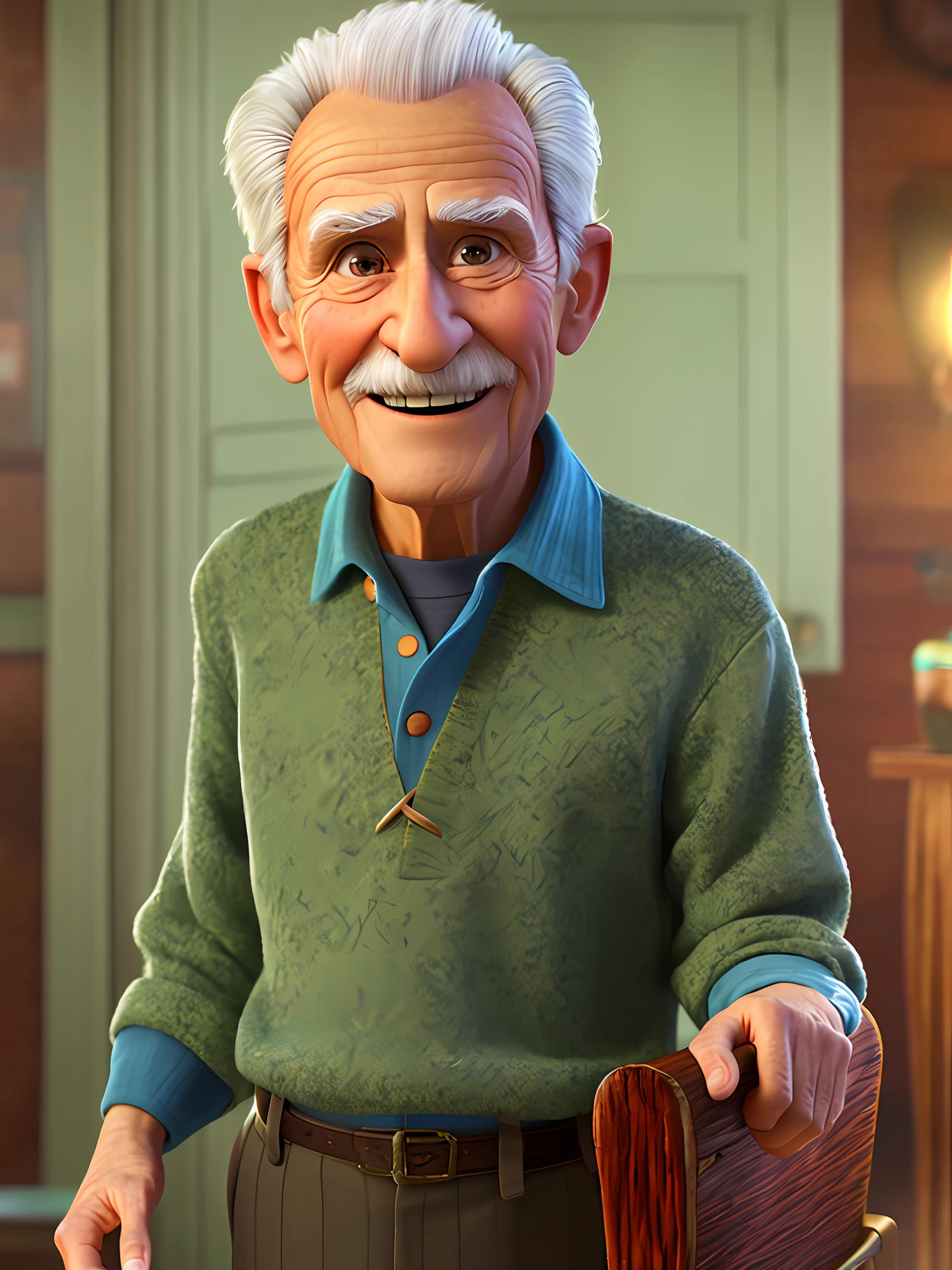 Pixarstyle A waist-high portrait of an elderly man with social clothes, smile, natural skin texture, 4K textures, HDR, intricate, highly detailed, sharp focus, cinematic look, hyper-detailed, hands in pockets