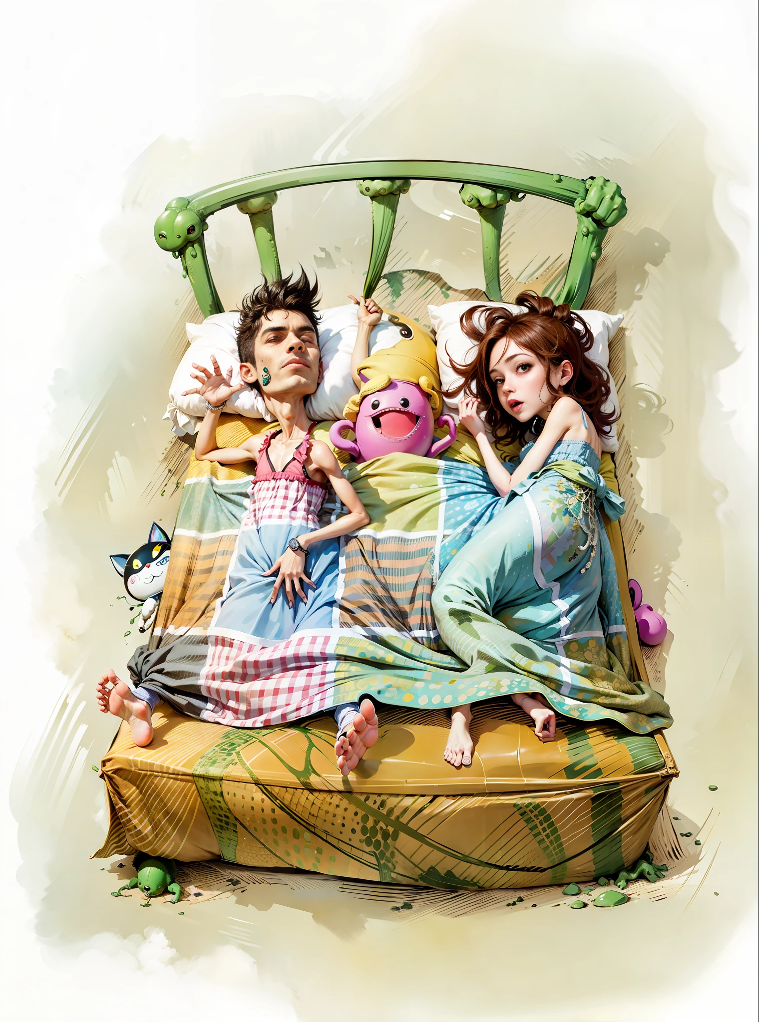 High quality, lying man and woman, man on the right, woman on the left, cute, a monster in the middle, cover back sheet, 8K, realism, correct anatomy, perfect limbs, perfect fingers, background blur, ray tracing