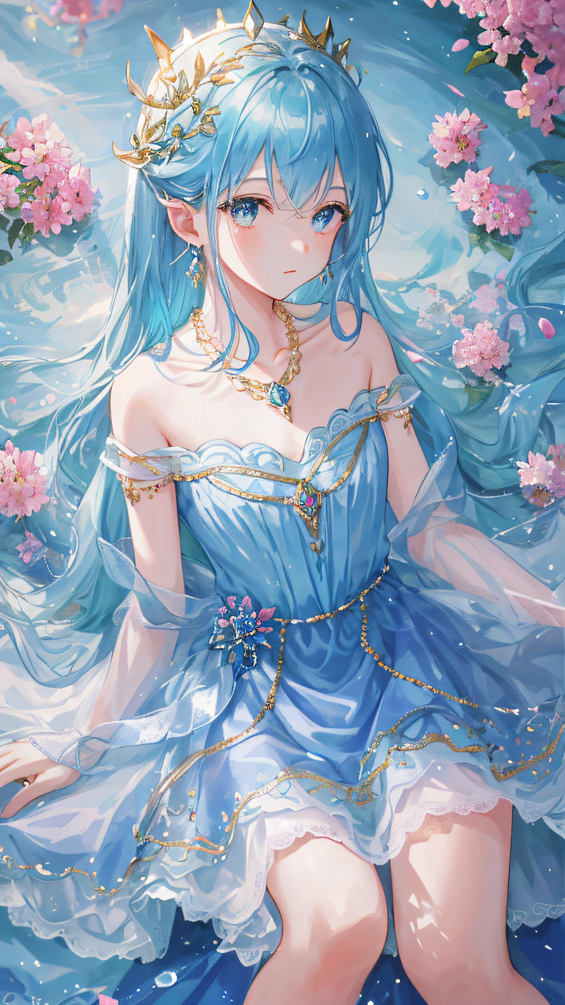 Masterpiece, Essentials, Illustrations, Saxophone Blue, Platinum Earrings, 1Girl, Cute, (Dynamic light: 1.2), cinematic light, delicate facial features, detailed eyes, sharp pupils, realistic pupils, depth of field, background bokeh, clear focus, (super detailed, halo, luminescence: 1.4), many small gems, a crown of gold silk thread intertwined in the ice blue hair, the ears behind the hair have pointed ears, the girl's face is beautiful, a necklace with a blue crystal pendant falls between the collarbones, and then below is a full white chest, wearing a long aqua blue skirt, delicate and gorgeous, the skirt has a small pendant made of various colored gemstones in the style of water drops, in the garden, surrounded by pink flowers, petals fall