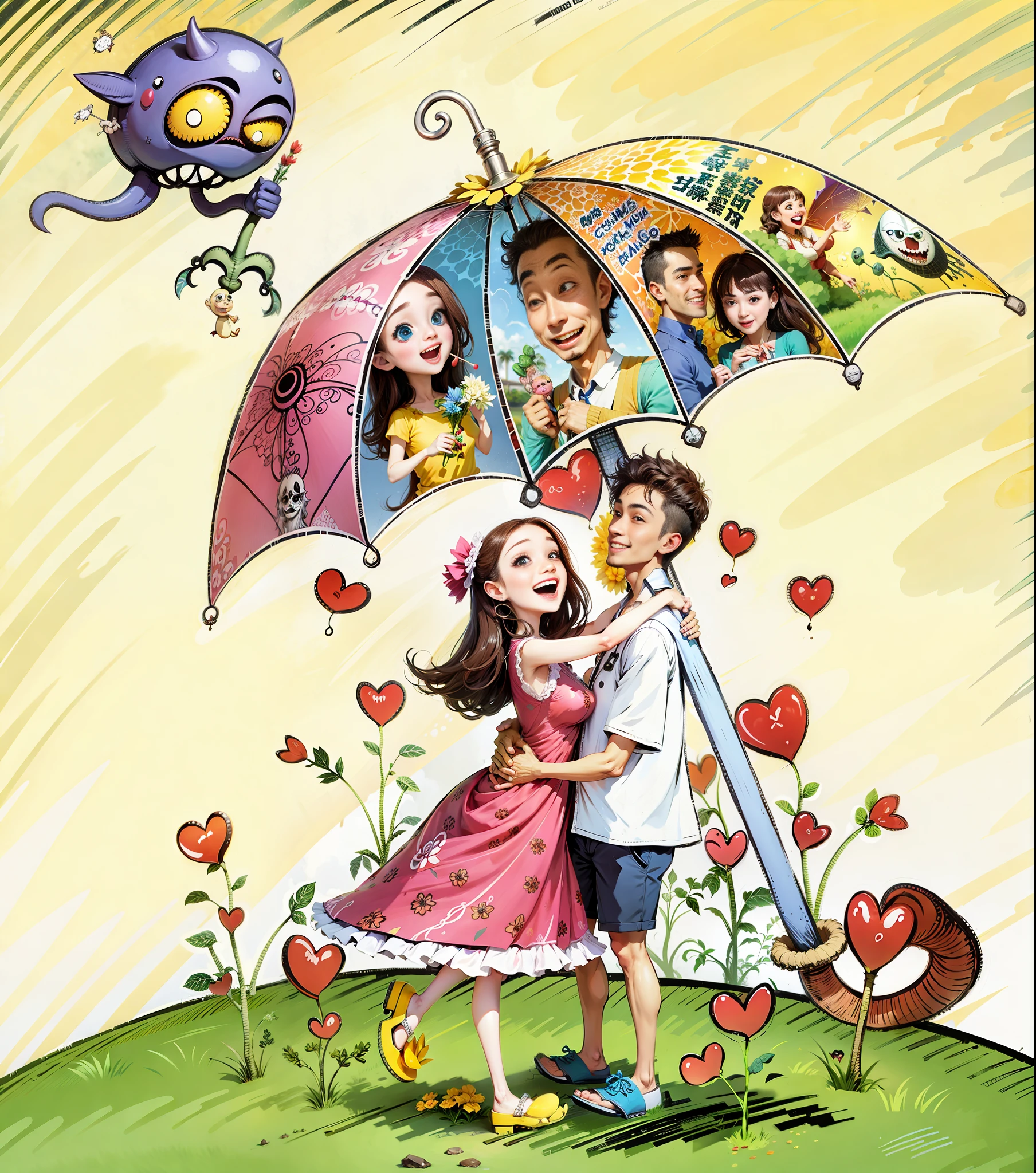 High quality, man and woman under a big umbrella, smiling, cute, with a monster above, cover back sheet, 8K, realism, correct anatomy, perfect limbs, perfect fingers, background blur, ray tracing