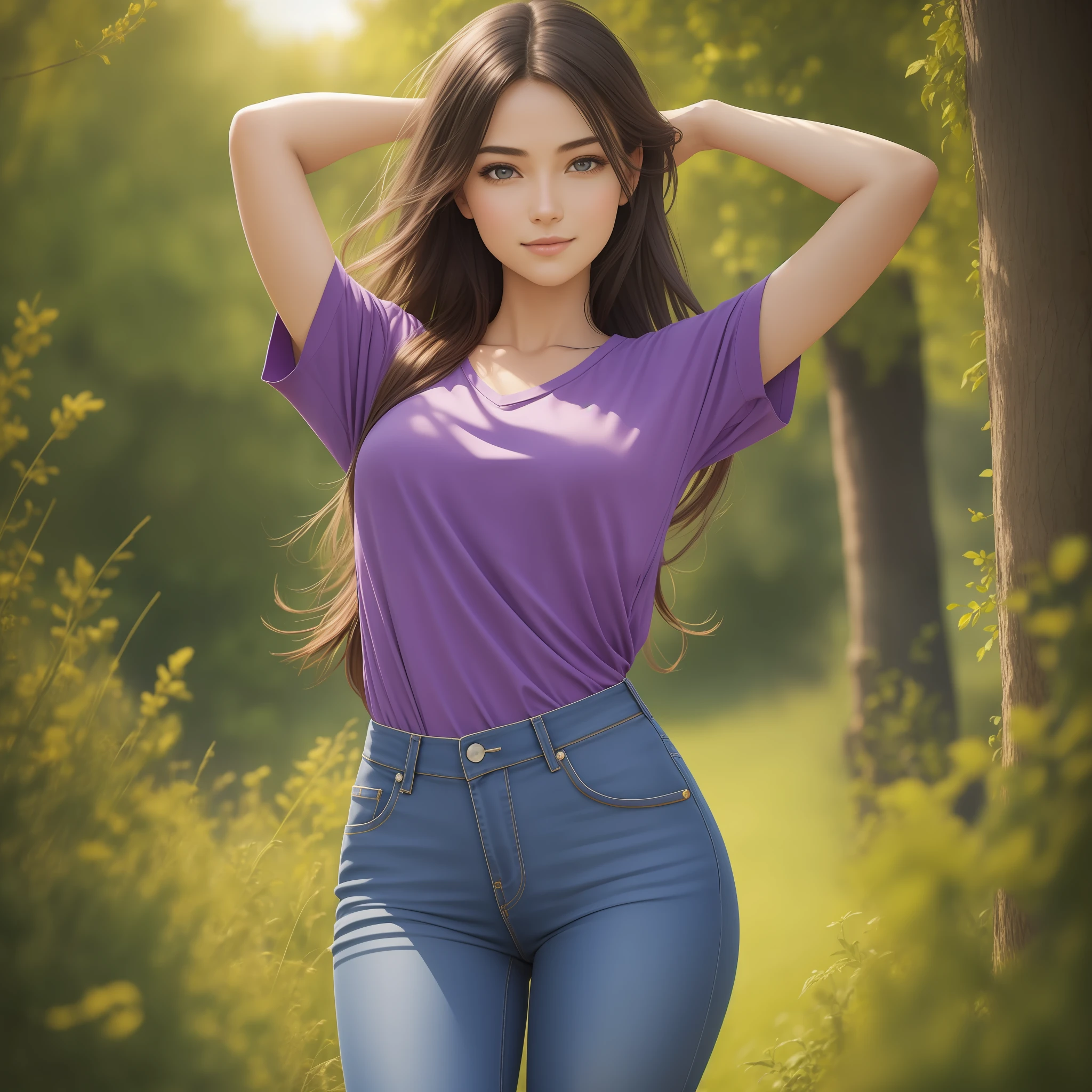 A beautiful 20 years old girl in a purple shirt and blue jeans posing in a field, photo of slim girl model, skinny waist and thick hips, photo of slim girl, good young girl, young and cute girl, casual pose, light smile, Realism, Suprematism, Impressionism, Pixar, drop shadow, silhouette, Eye-Level Shot, Ultra-Wide Angle, Sony FE GM, Sony FE, Hasselblad, UHD, masterpiece, super detail, high details, high quality, award winning, best quality
