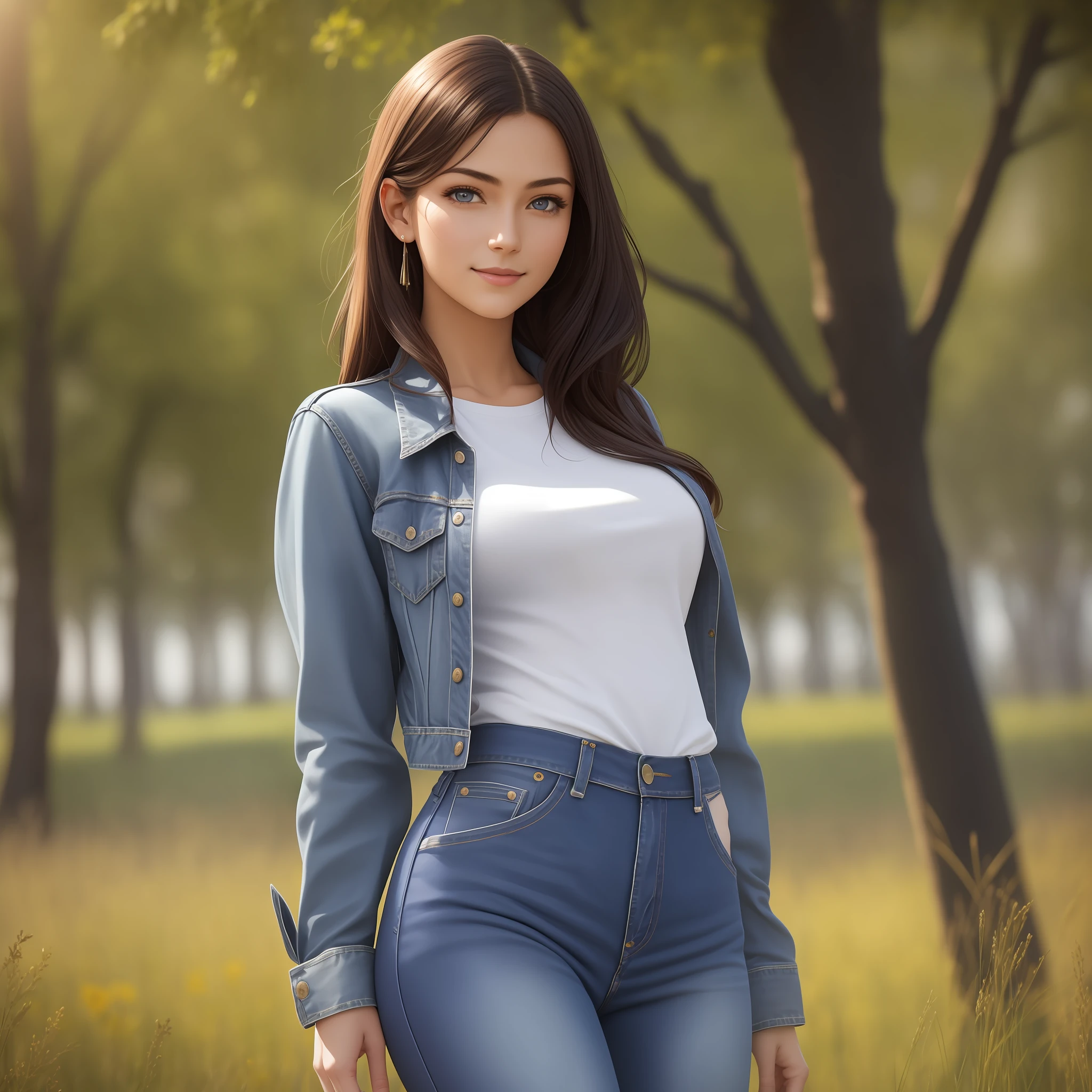A beautiful 20 years old girl in a purple shirt and blue jeans posing in a field, photo of slim girl model, skinny waist and thick hips, photo of slim girl, good young girl, young and cute girl, casual pose, light smile, Realism, Suprematism, Impressionism, Pixar, drop shadow, silhouette, Eye-Level Shot, Ultra-Wide Angle, Sony FE GM, Sony FE, Hasselblad, UHD, masterpiece, super detail, high details, high quality, award winning, best quality