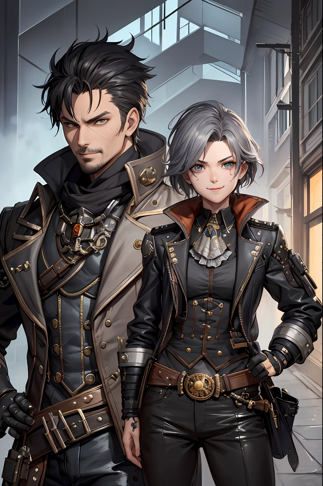 detailed dreadpunk thief,androgen man,small and slim body, leather armor,(smile: 1.1), (flushed nose: 1.1), (big grey eyes: 1.1), (steampunk monocle: 1.1), beautiful detailed face, messy hair, cinematic lighting, filmed in 5d canon, Greg Rutkowski, Yoji Shinkawa: 0.6,