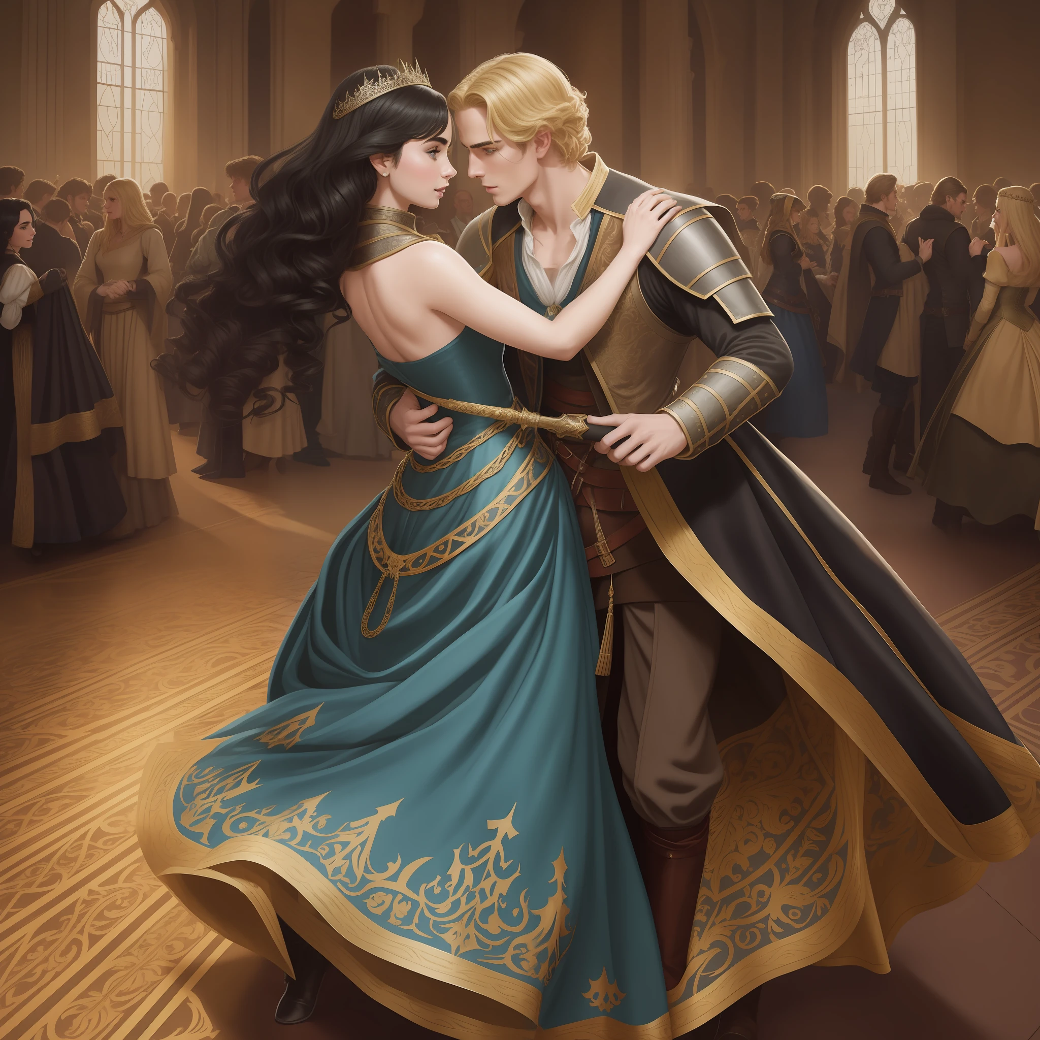 Lily Collins, who has curly black hair, wears a medieval dress. the Neels Visser wears a medieval military outfit and has blonde hair. The couple is waltzing in the ballroom. The illustration is like a book cover with a detailed, bright, illuminated, ultra detailed background, concept art, elegant, art by Greg Hildebrandt, Samyang