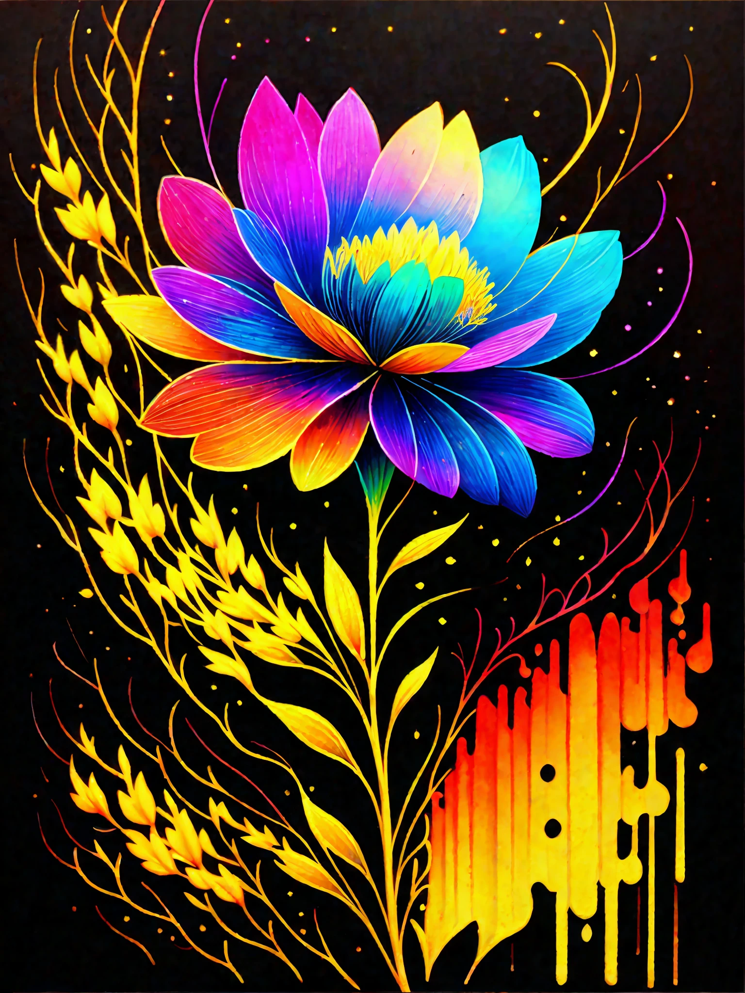 a painting of a colorful flower on a black background,, breathtaking rendering, within a radiant connection, inspired by Kinuko Y. Craft,, magical elements, flower icon, wow, is beautiful, casting a multi colorful spell, bright flash, flash