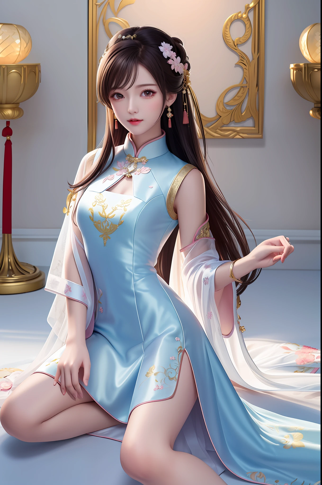 ((masterpiece)),
(((best quality))),
((ultra detailed)),
((illustration)), highres,
 1 girl,
tyndall effect,photorealistic,  rim lighting, two tone lighting,(high detailed skin:1.2), soft lighting, volumetric lighting, looking at viewer, Photograph, 
beautiful detailed face,
black hair, hair ornament,
dark brown eyes, 
necklace, jewelry,
lie down,
upon body,
blue dress,china dress,white dress, pink grass,cheongsam,silk dress,small boobs,no smile,anime