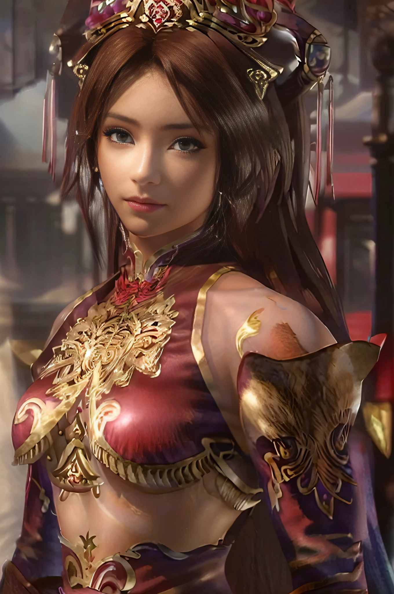 ((masterpiece))), (((best quality))), ((ultra-detailed)), (hyperrealistic), (highly detailed CG illustration), cinematic light, photorealistic ,extremely beautiful young lady, (beautiful face and lips), light makeup, big breast,  intricate detailed eaba, red cape, spear, trending on artstation.