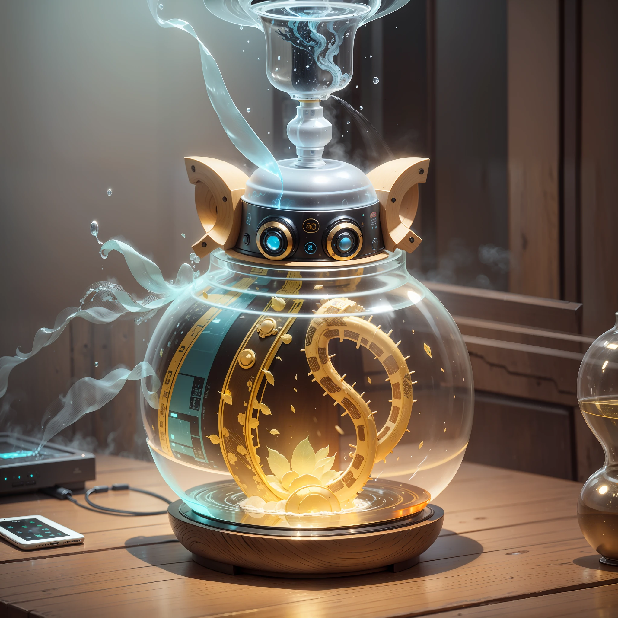 Robot walking humidifier, artificial intelligence humidifier, mobile phone control, interactive APP, spring water culture, fountain, Chinese folk art, Chinese style, silver, gold, transparent material, color, silicone material, cyberpunk, super detail, 32k -- v 6 --auto --s2