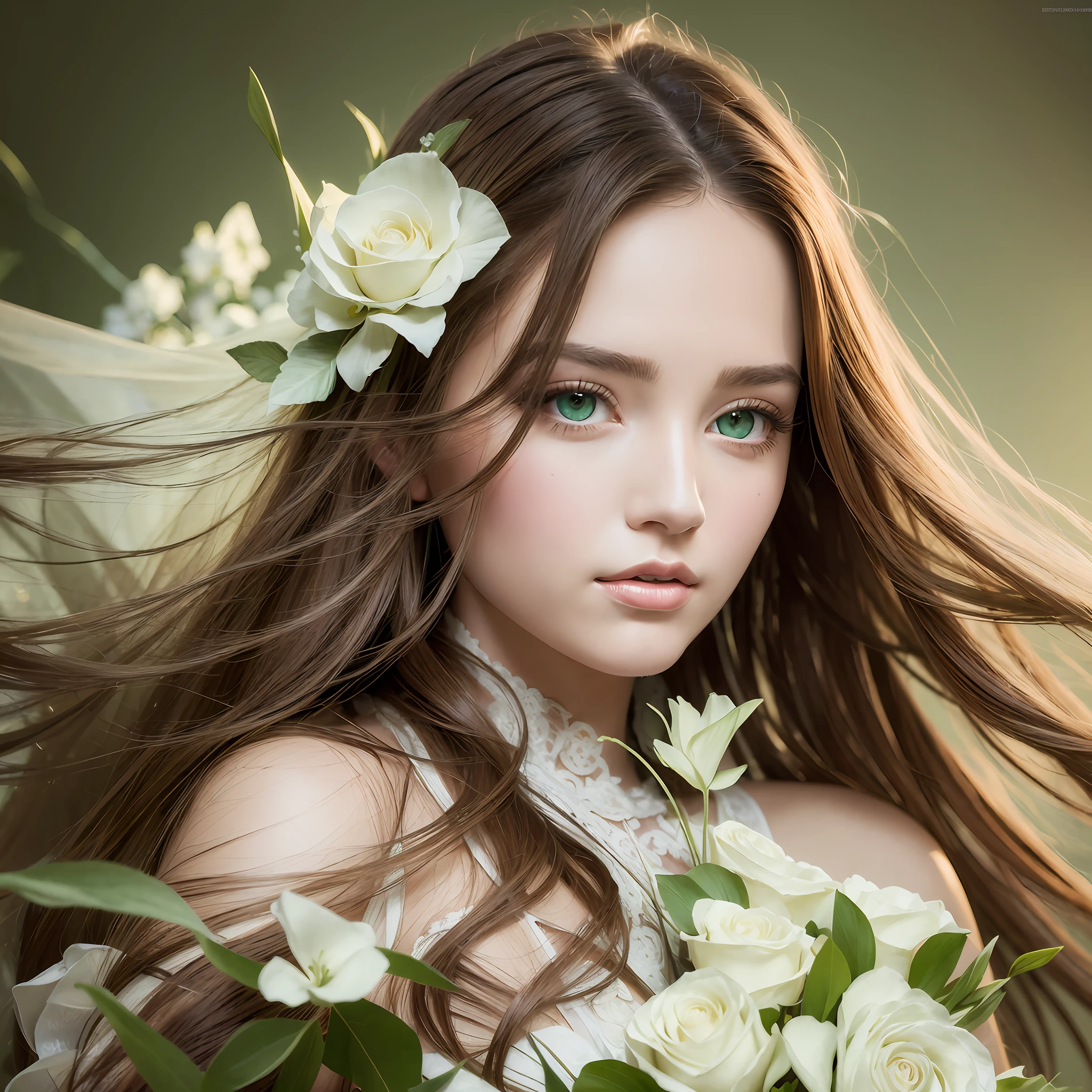 Artistic three-dimensional realism style, magnificent artwork, diffuse lighting, portrait style, focusing on the beautiful face of the young woman, long brown hair, wearing a beautiful white silk dress, gloves on her delicate hands, incandescent shimmering pearlescent green eyes.