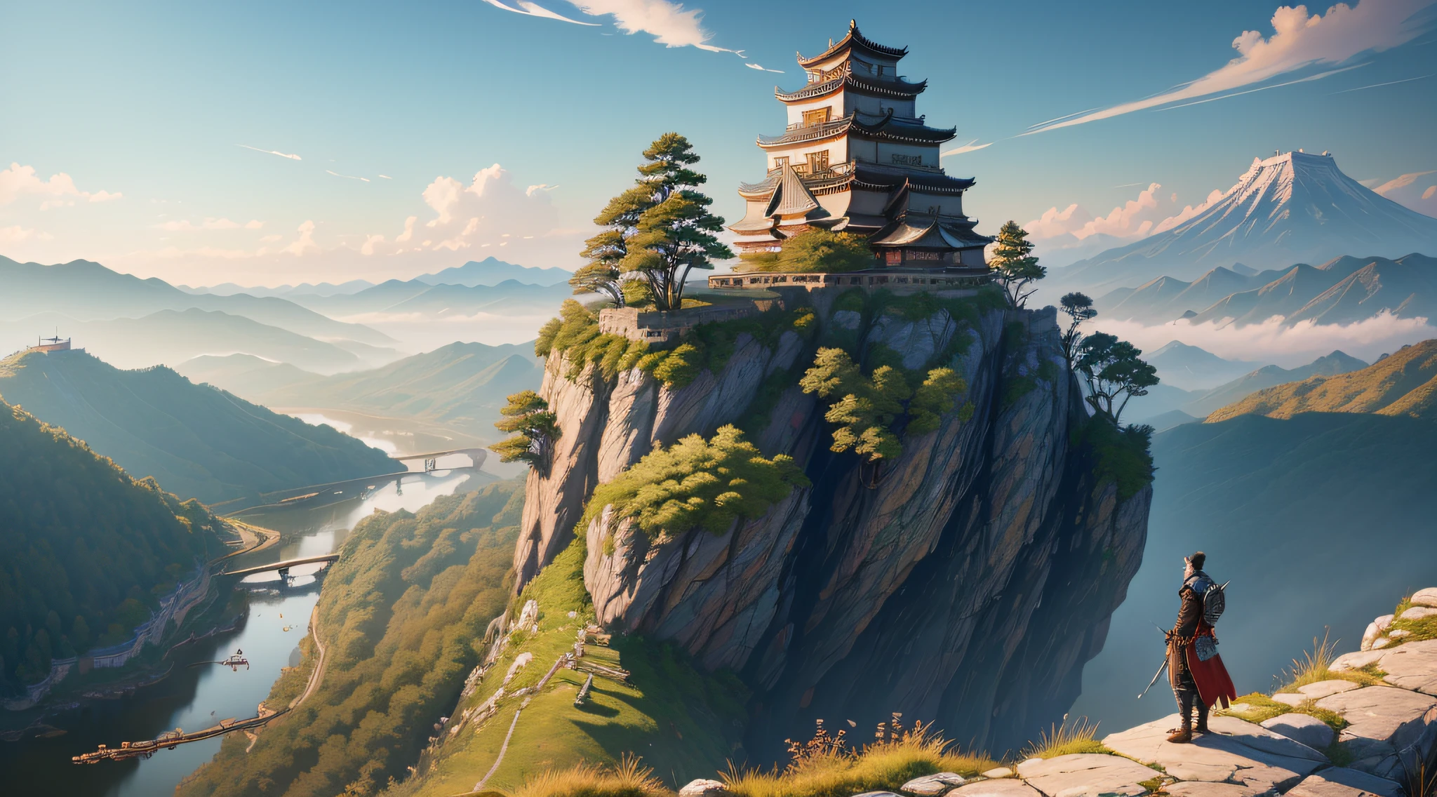 Masterpiece, best quality, (very detailed CG unit 8k wallpaper) (best quality), (best illustration), (best shadows) (male), sekiro on top of a cliff, looking at Ashina castle, feudal Japan, Ray tracing, sinister environment, ultra detailed, --v6